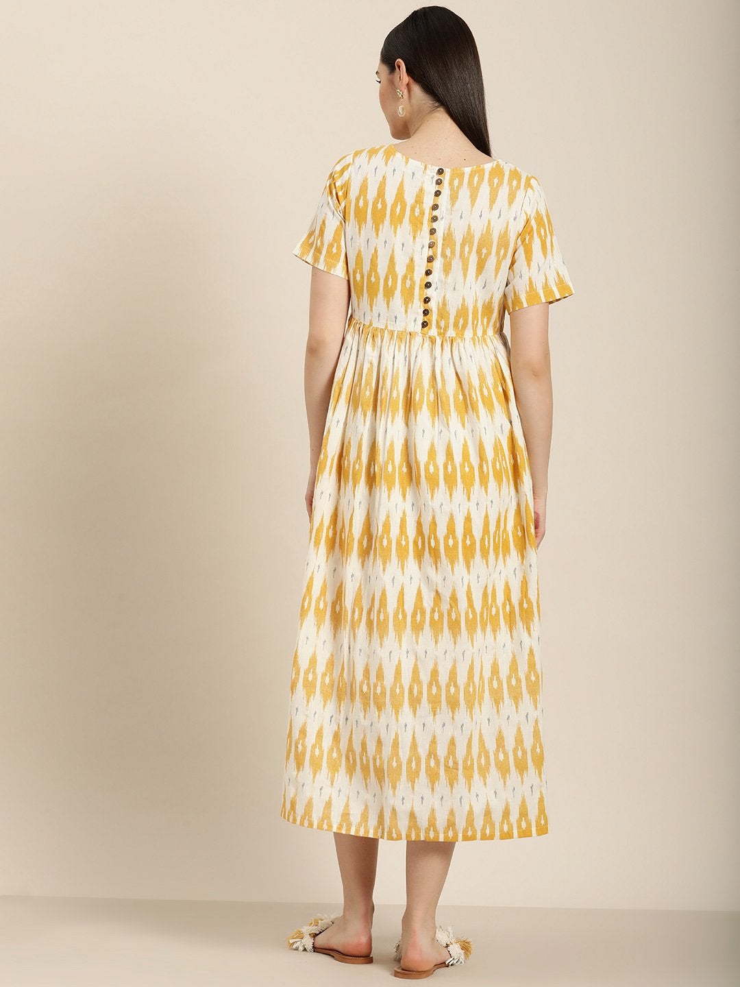 Women's Yellow Ikat Patch Pocket Midi Dress