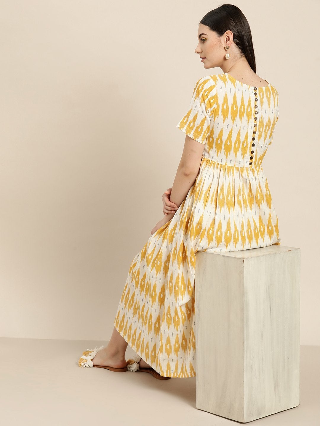 Women's Yellow Ikat Patch Pocket Midi Dress