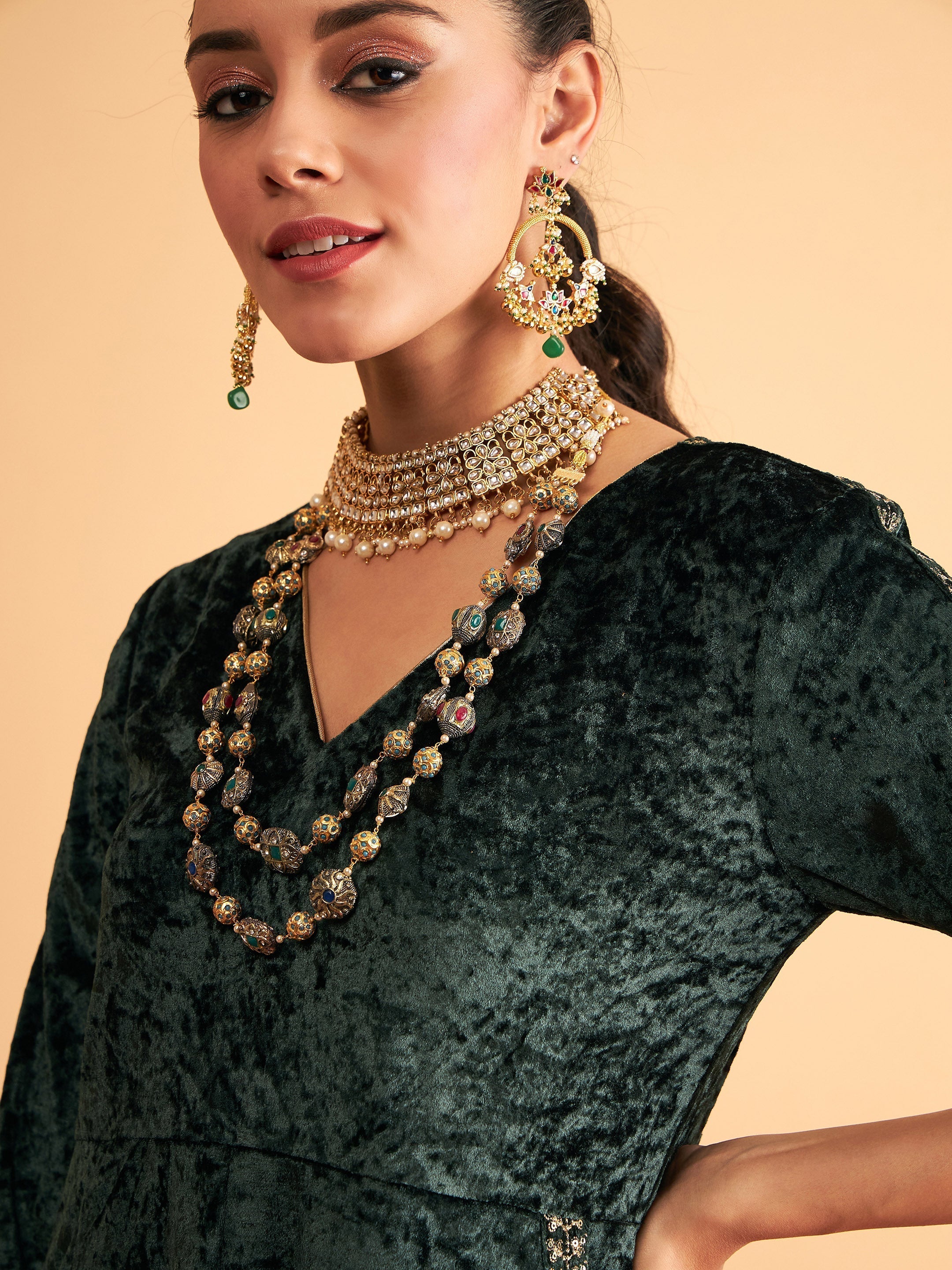 Women's Emerald Velvet Embroidered Pocket Anarkali Dress