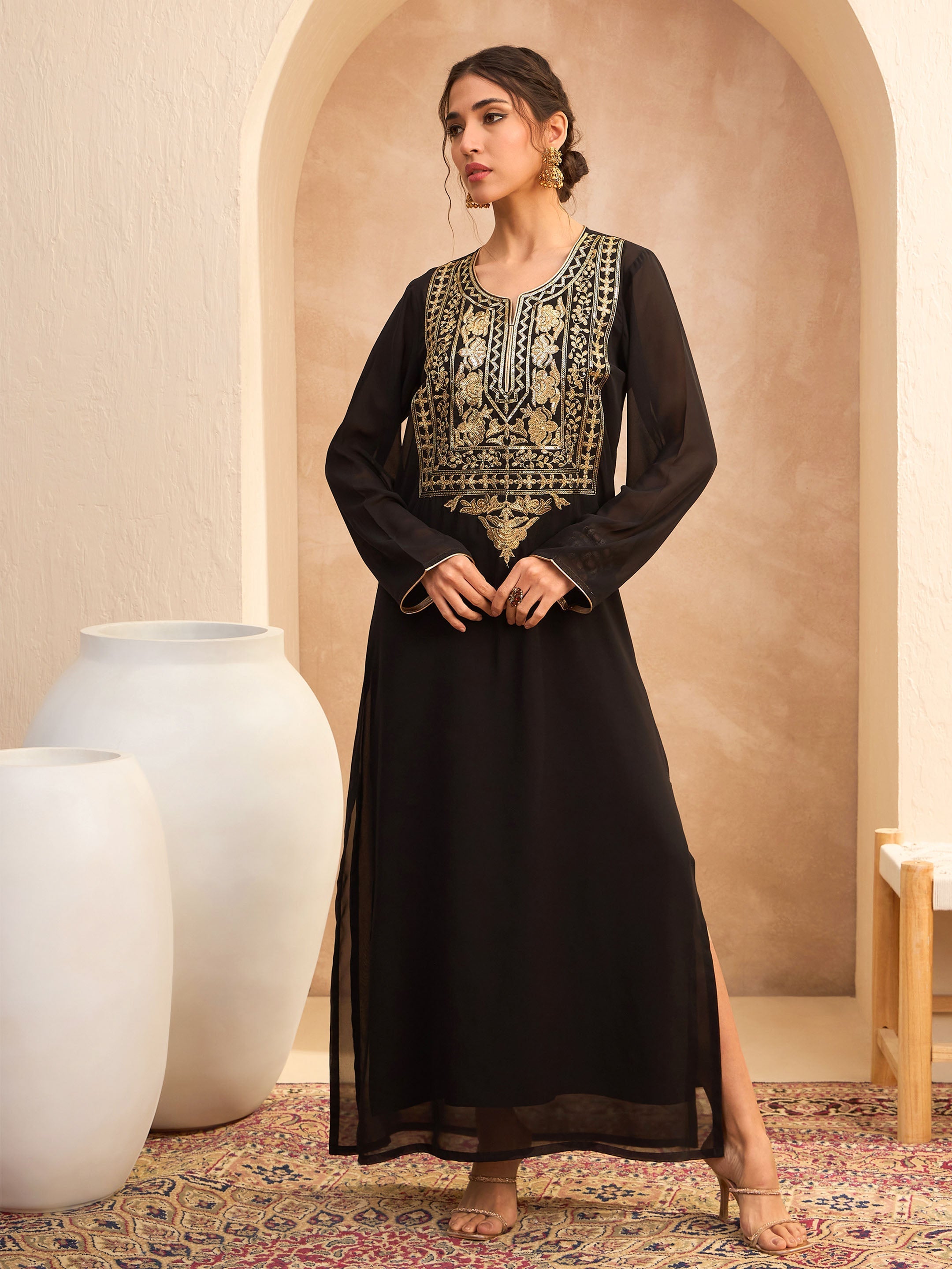 Women's Black Embroidered Round Neck Abaya Dress-SHAE