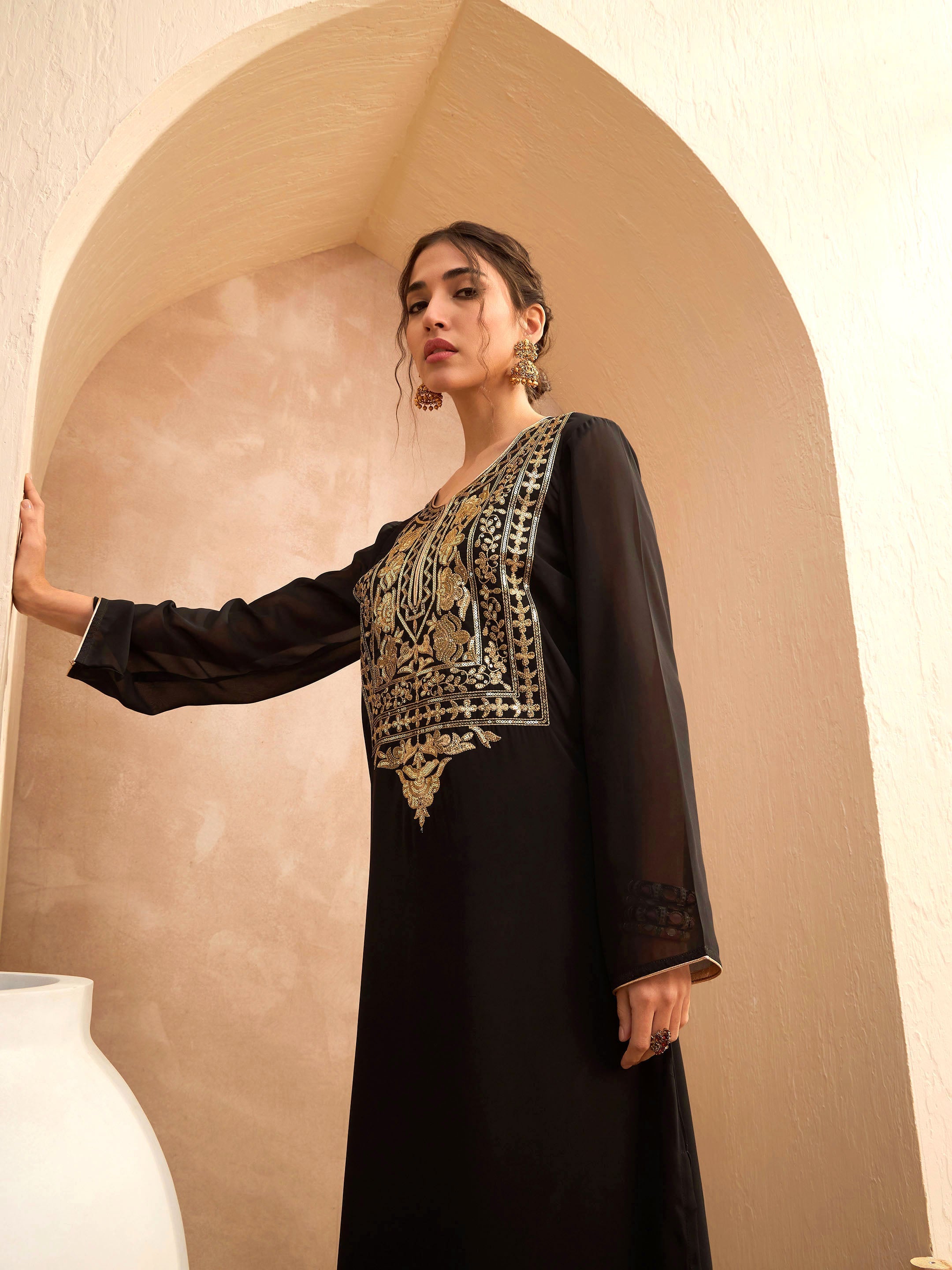 Women's Black Embroidered Round Neck Abaya Dress-SHAE