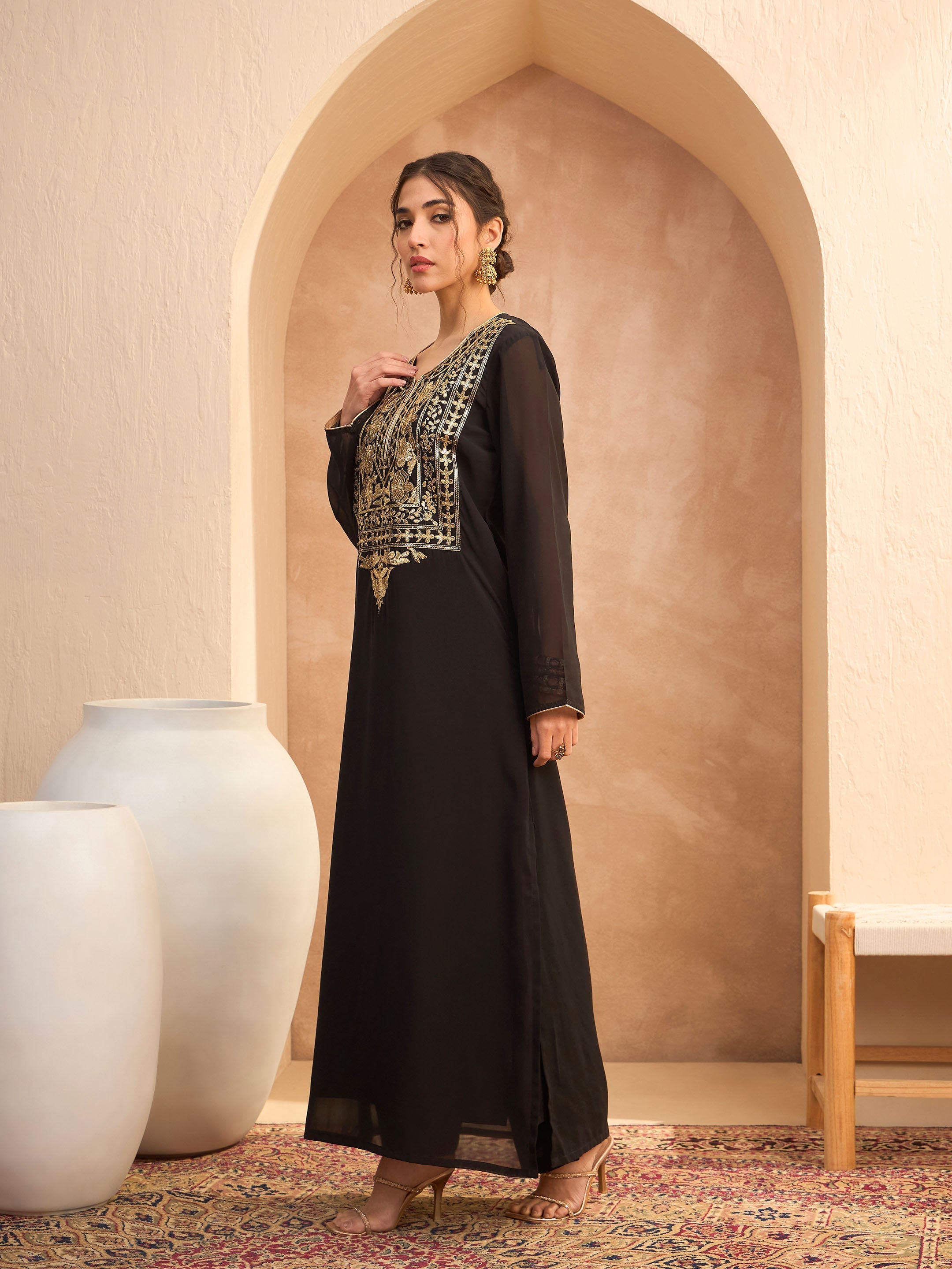 Women's Black Embroidered Round Neck Abaya Dress-SHAE