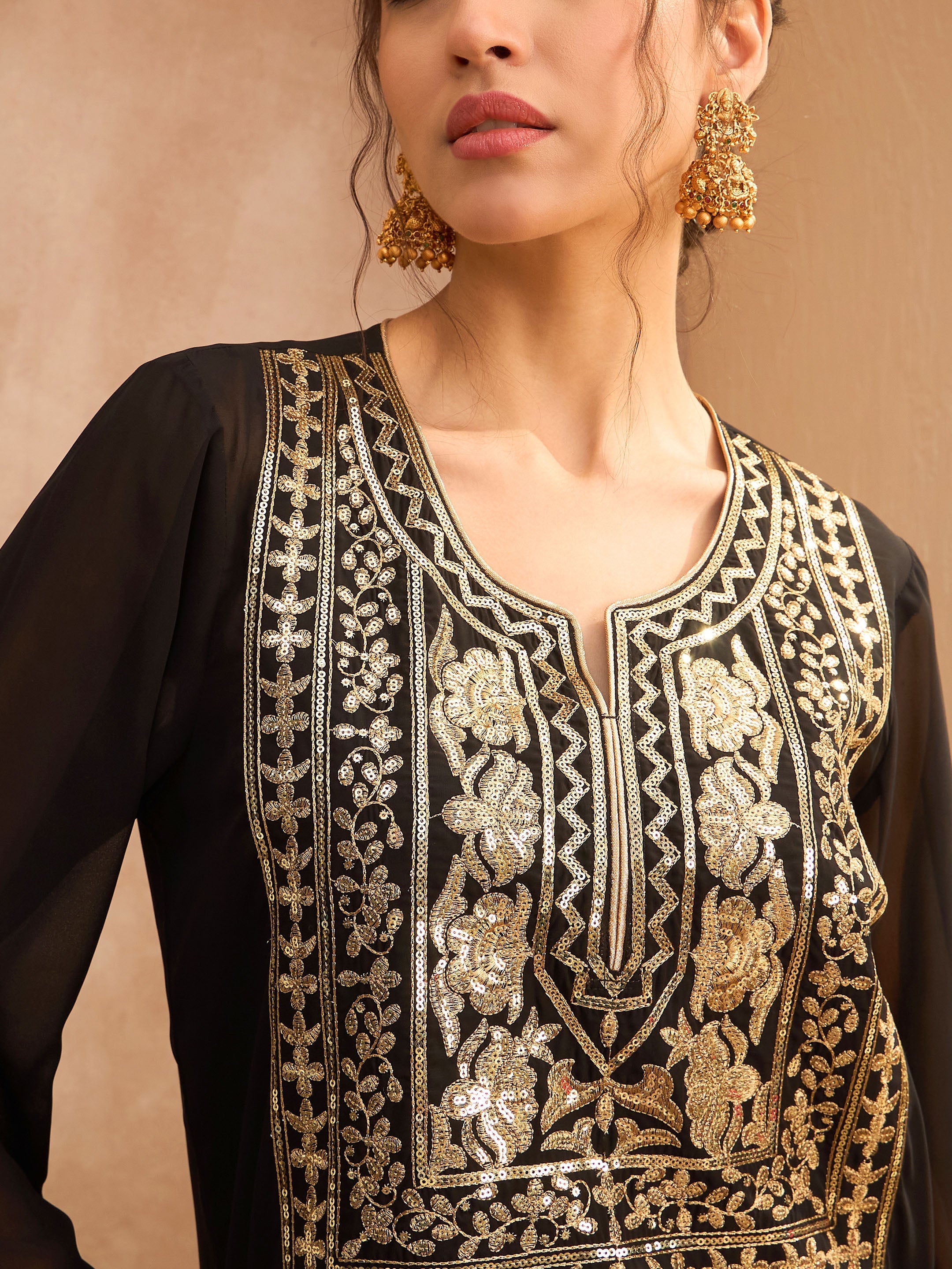 Women's Black Embroidered Round Neck Abaya Dress-SHAE