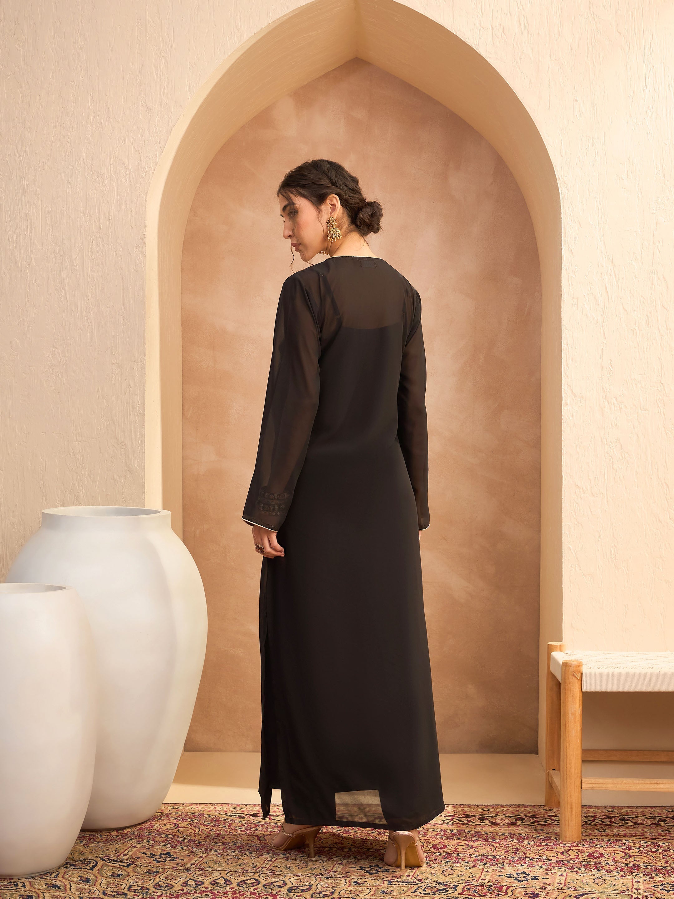 Women's Black Embroidered Round Neck Abaya Dress-SHAE