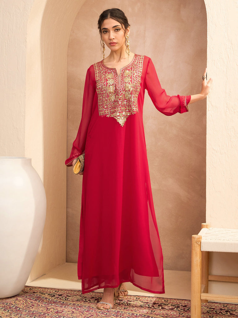 Women's Red Embroidered Round Neck Abaya Dre