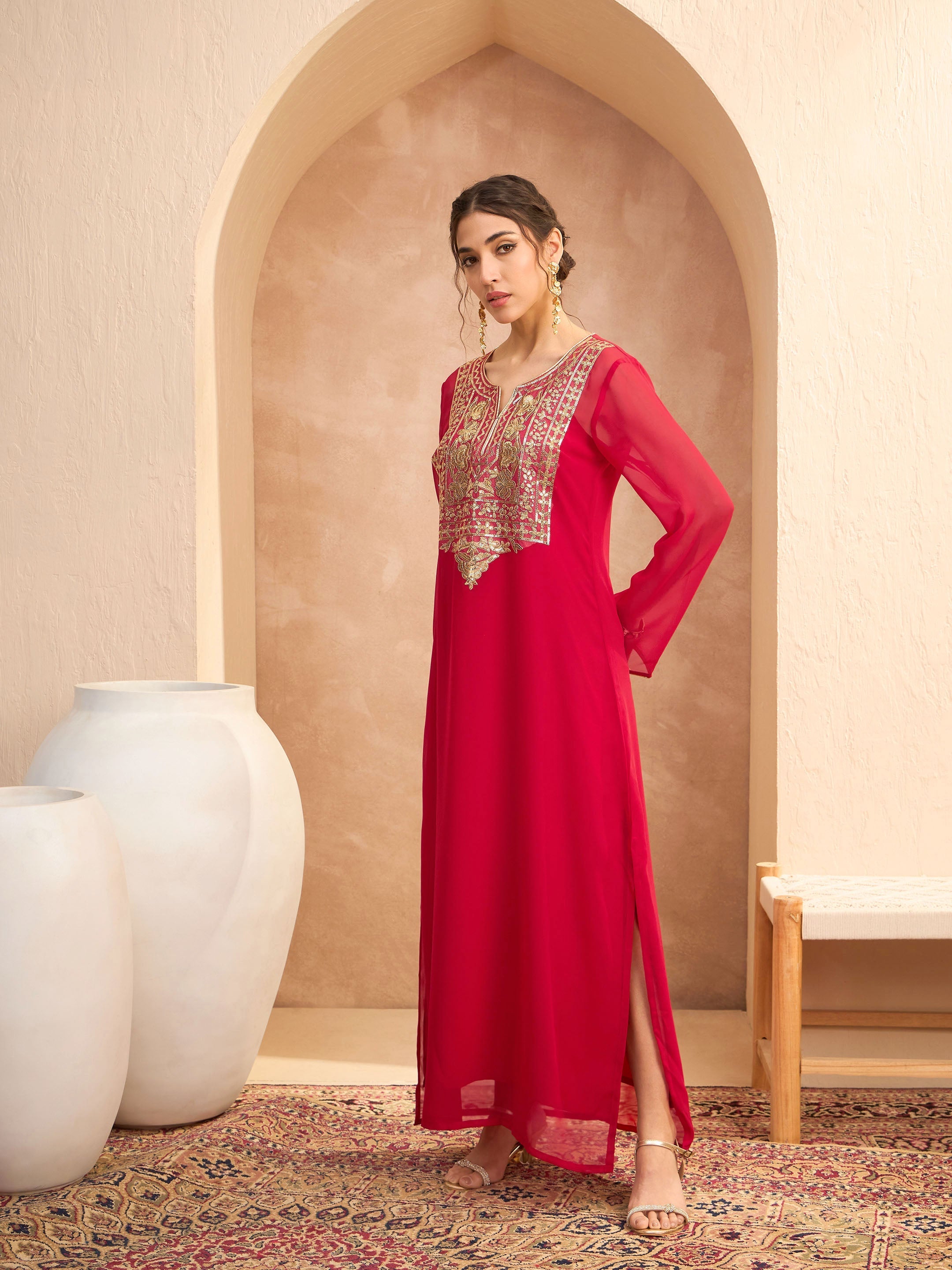 Women's Red Embroidered Round Neck Abaya Dre