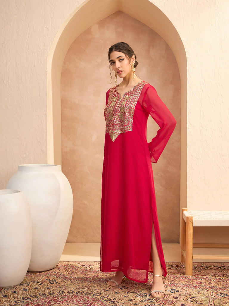 Women's Red Embroidered Round Neck Abaya Dre