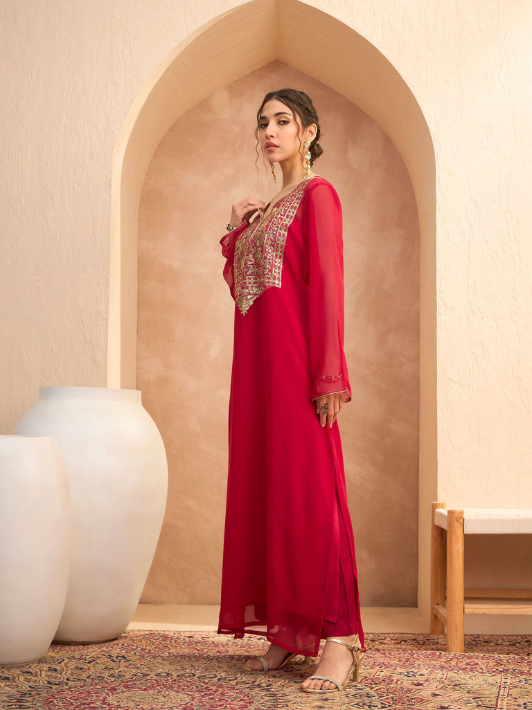 Women's Red Embroidered Round Neck Abaya Dre