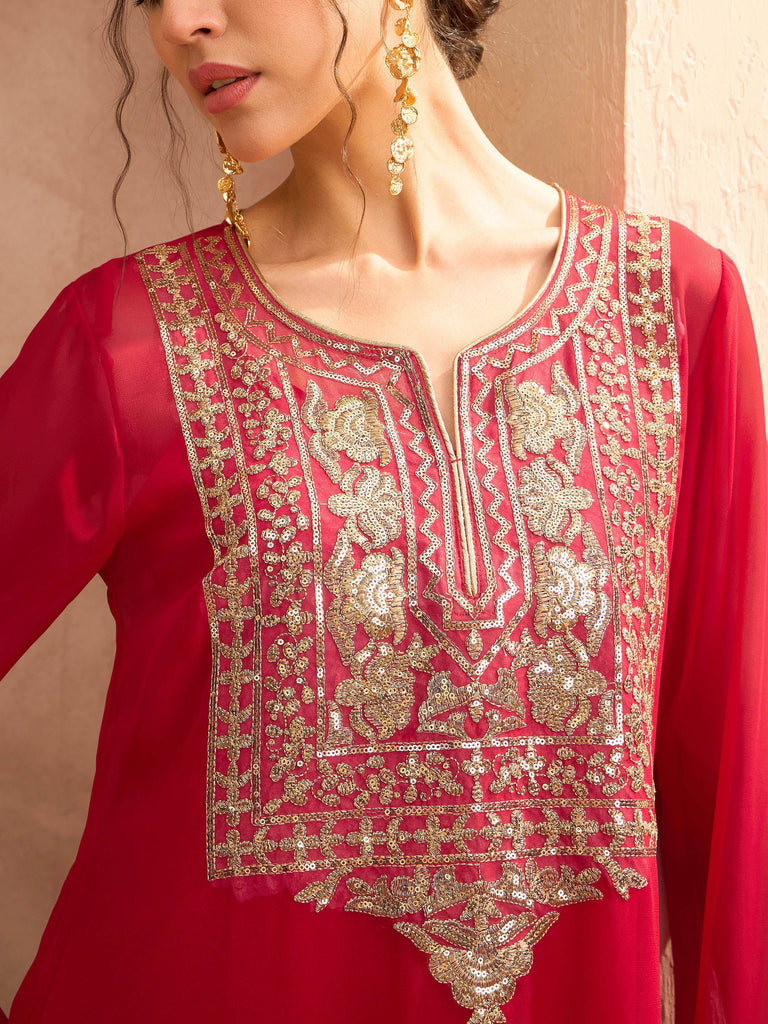 Women's Red Embroidered Round Neck Abaya Dre