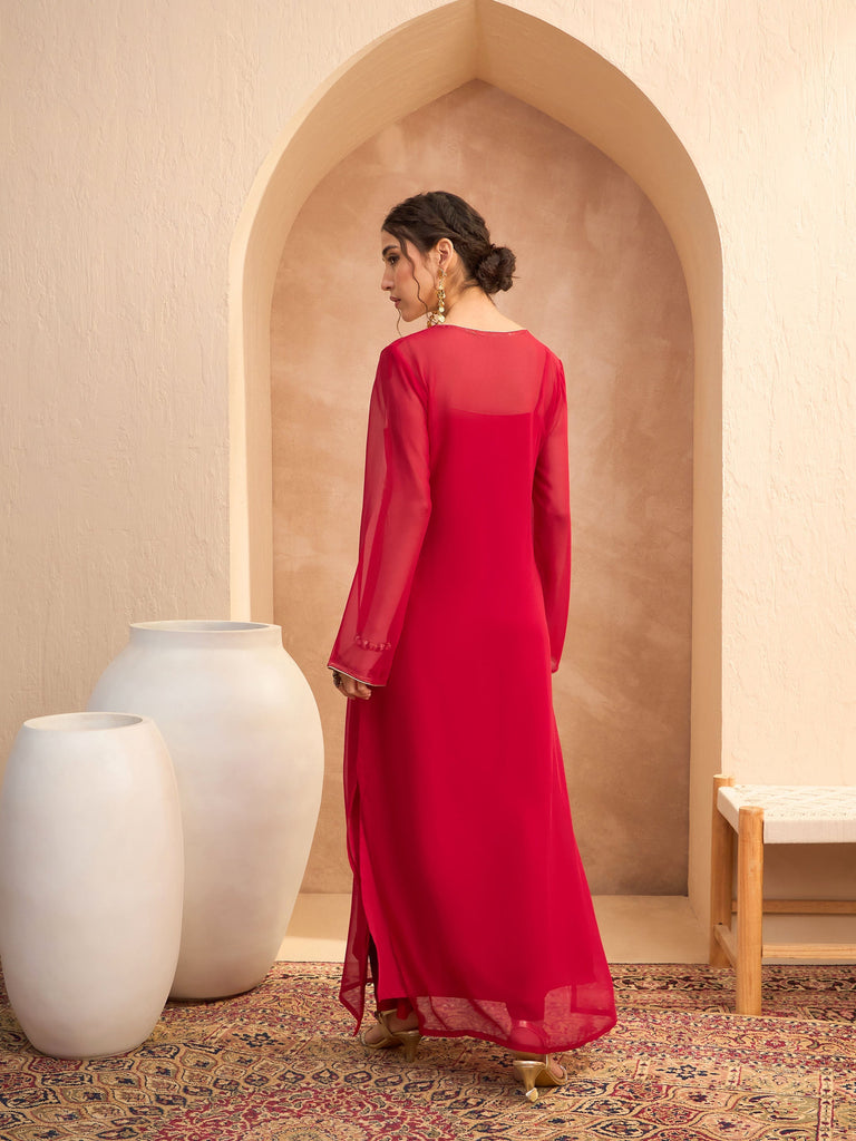 Women's Red Embroidered Round Neck Abaya Dre
