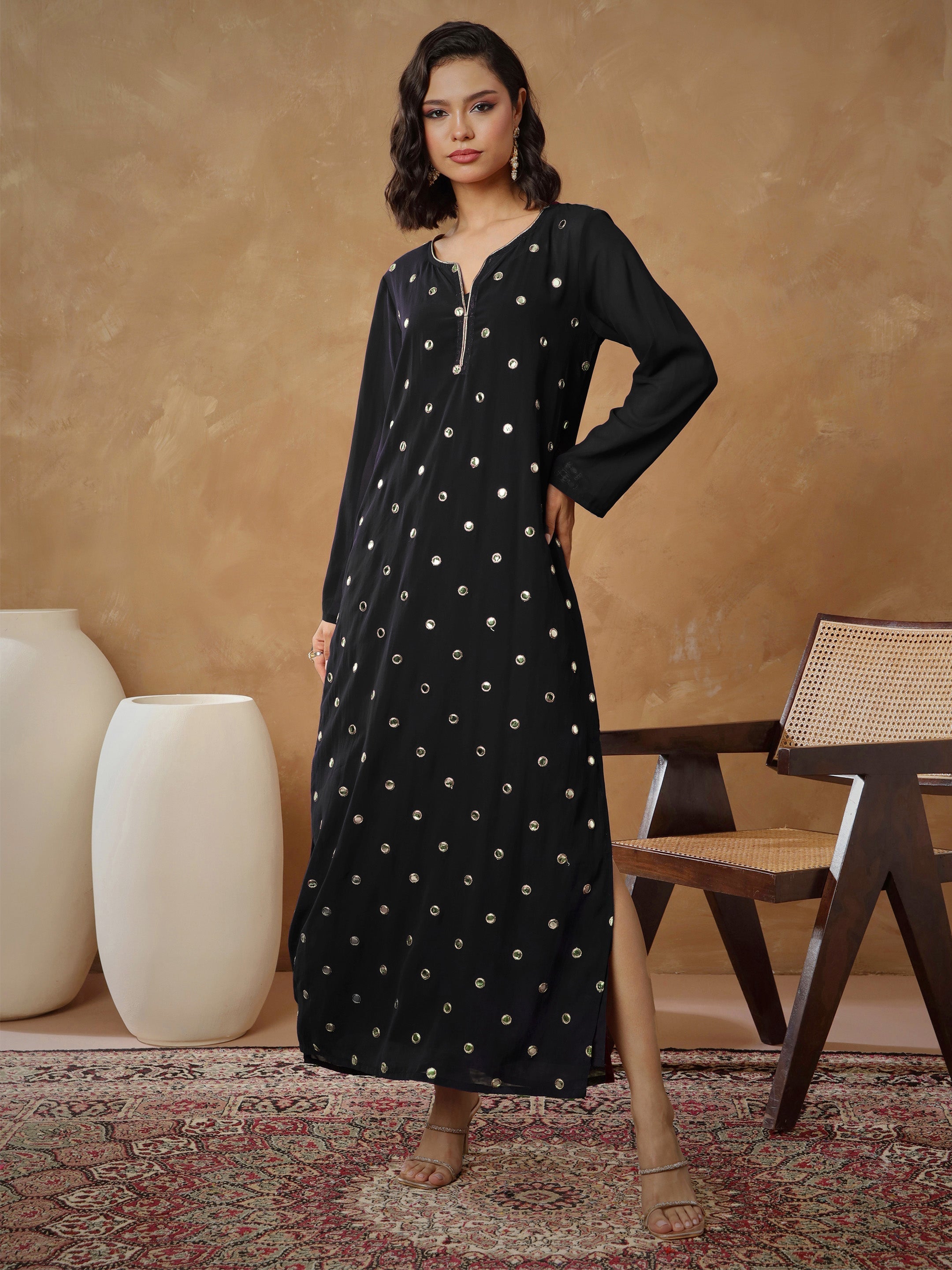 Women's Black Embroidered Abaya Dress