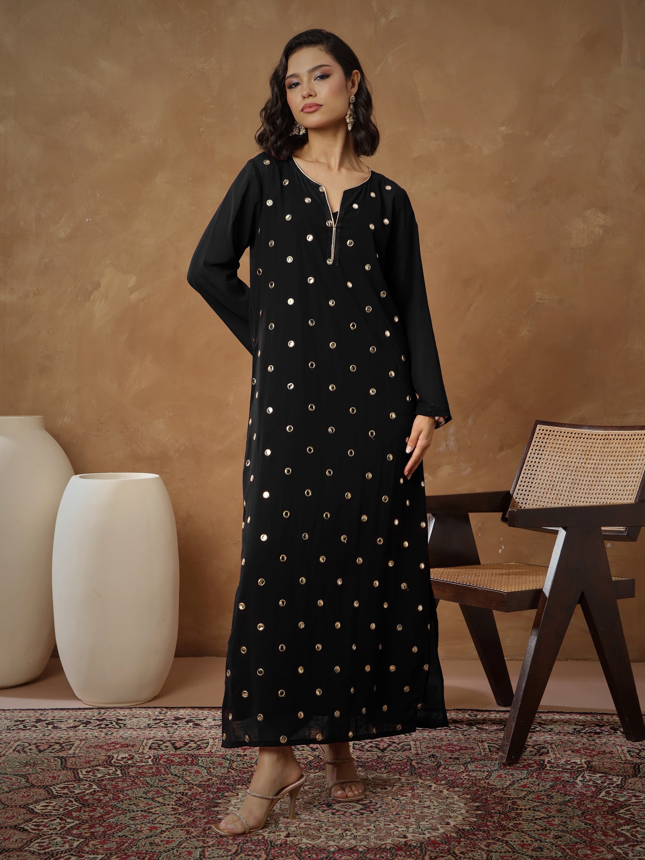 Women's Black Embroidered Abaya Dress