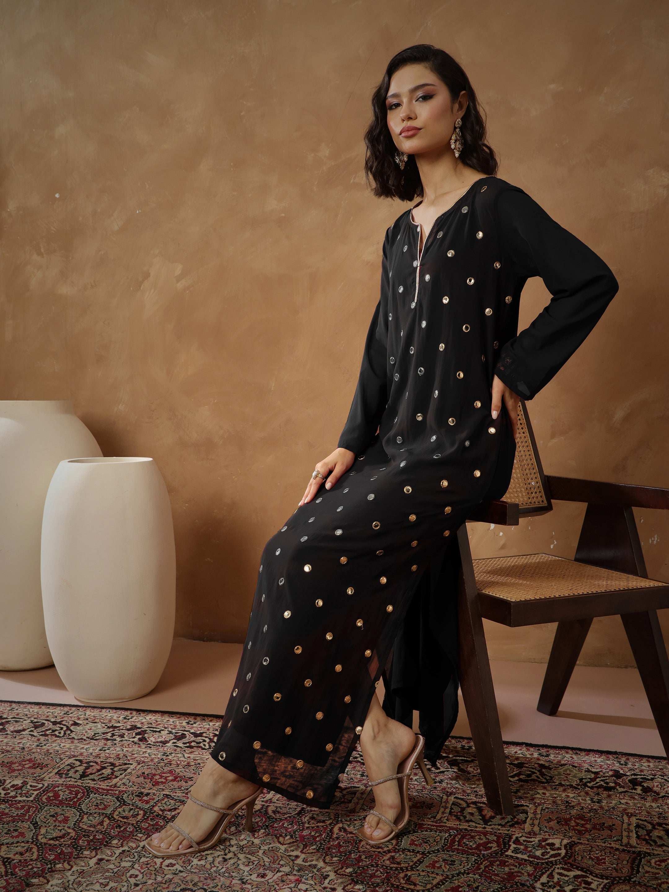 Women's Black Embroidered Abaya Dress