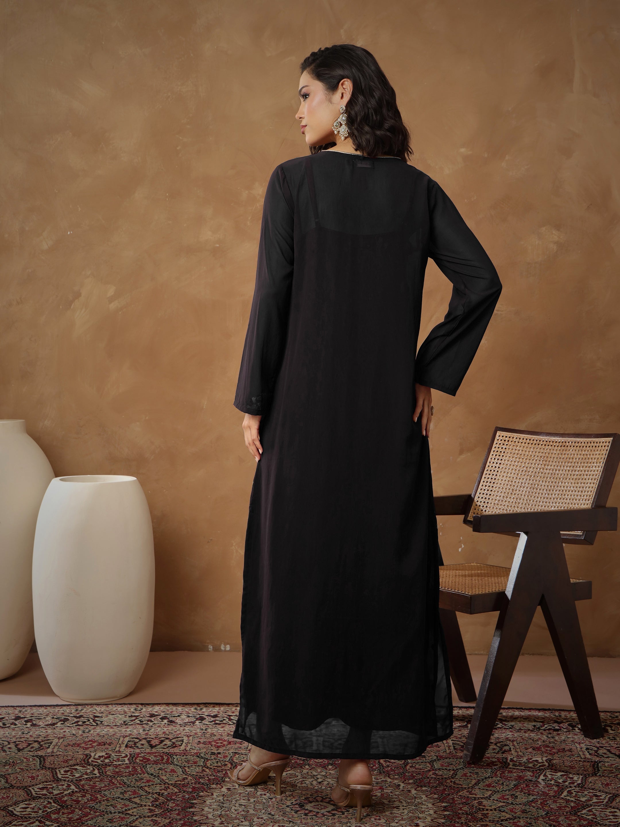 Women's Black Embroidered Abaya Dress