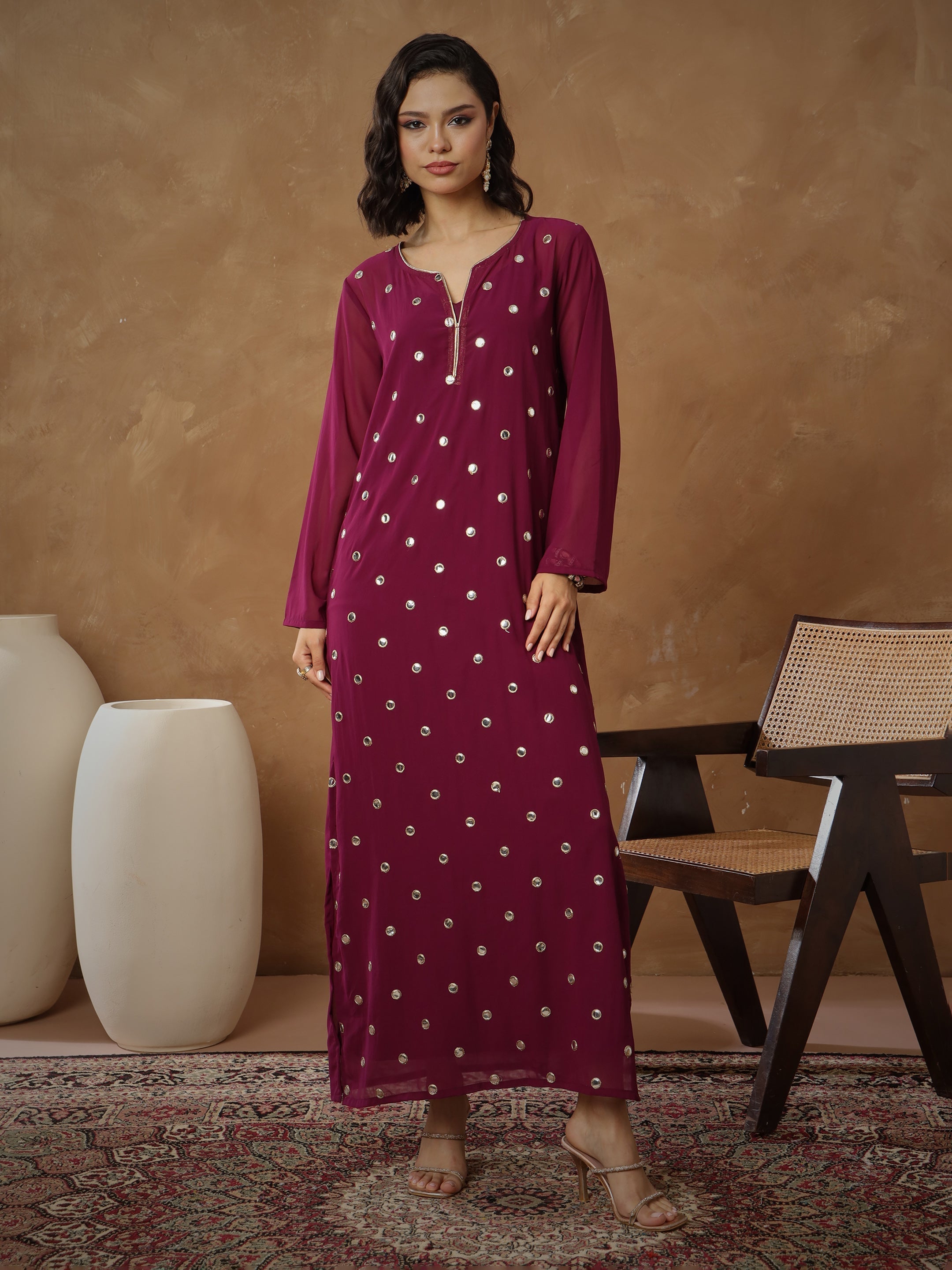 Women's Purple Embroidered Abaya Dress