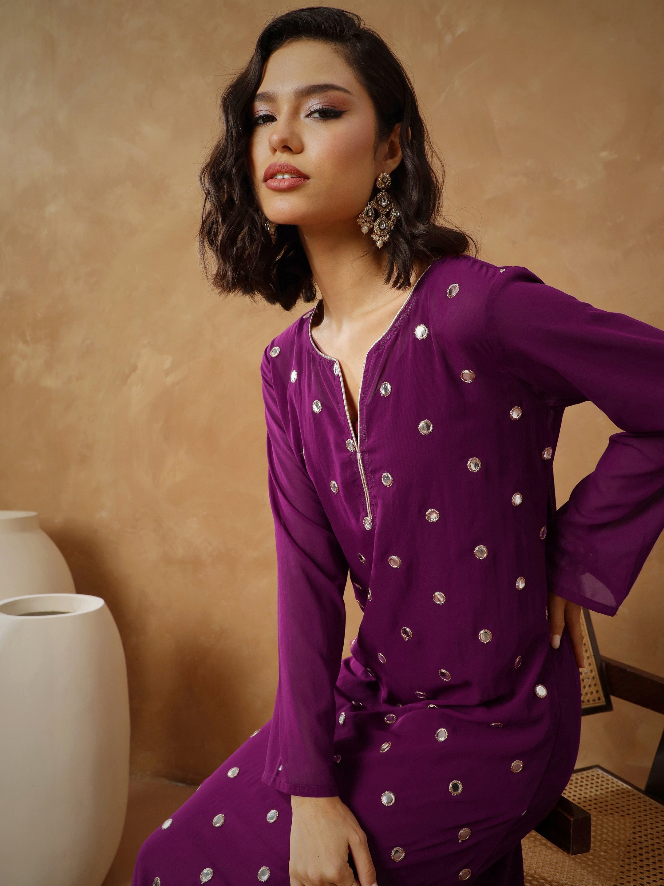 Women's Purple Embroidered Abaya Dress
