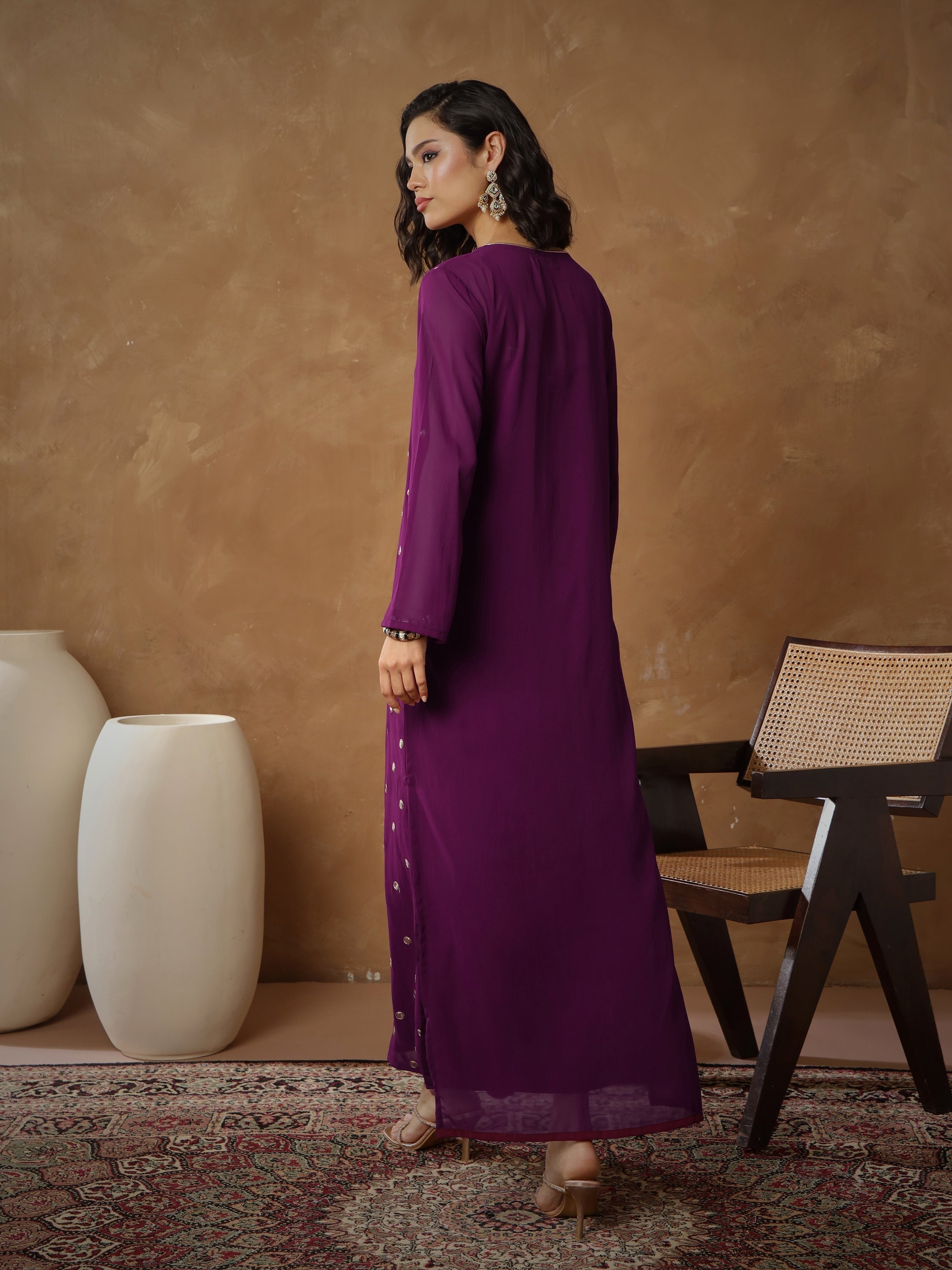 Women's Purple Embroidered Abaya Dress