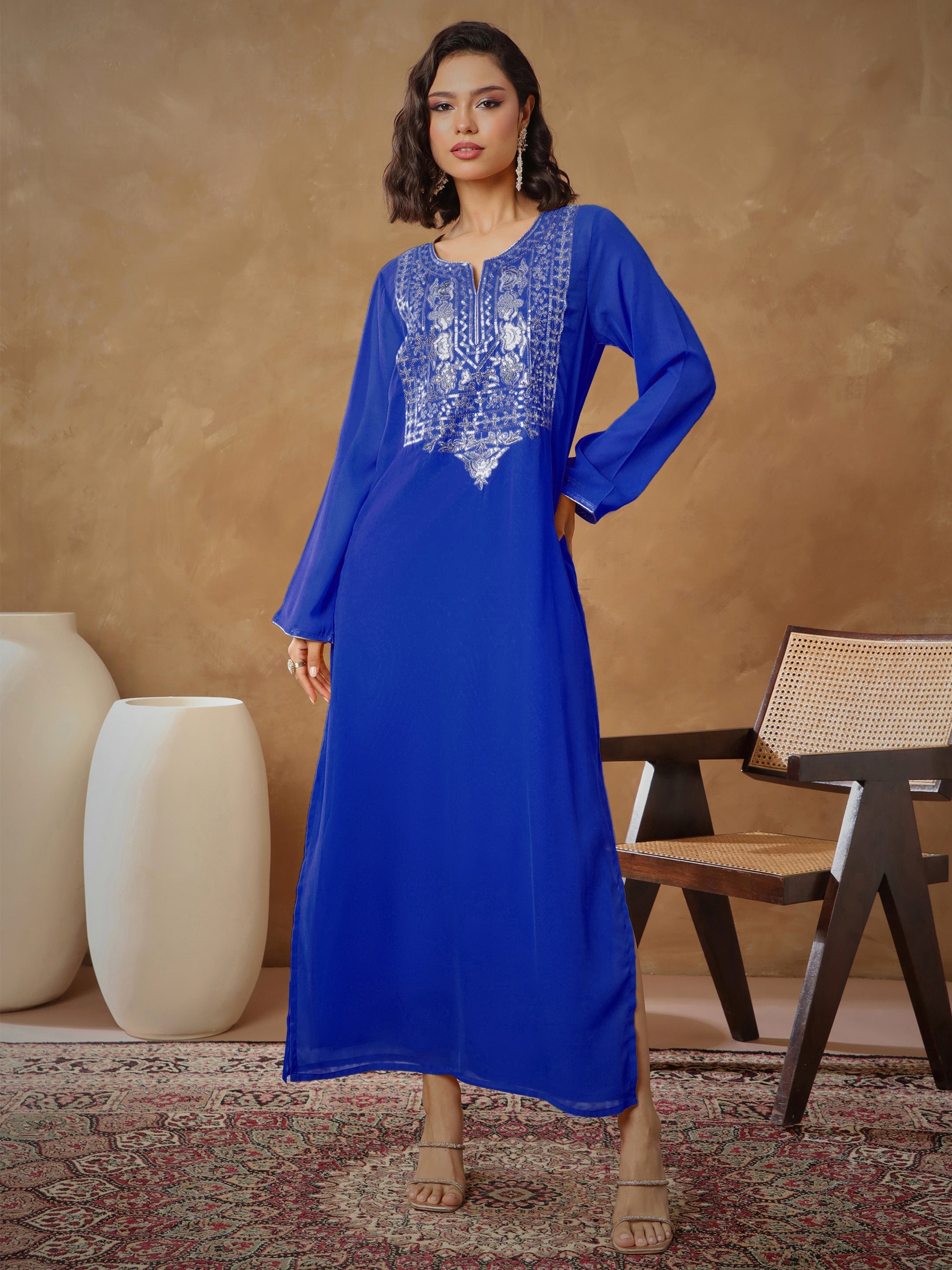 Women's Navy Embroidered Round Neck Abaya Dress