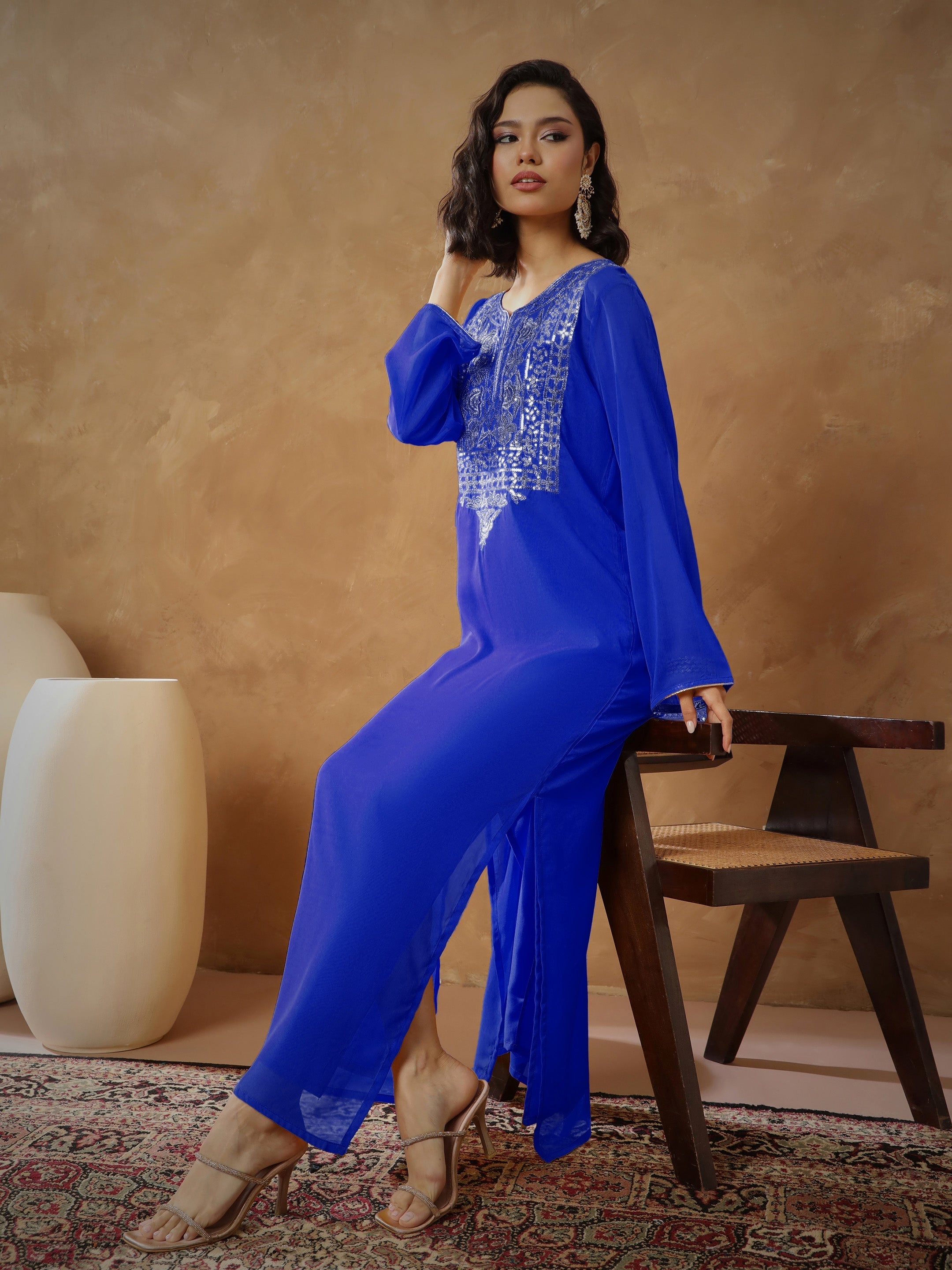 Women's Navy Embroidered Round Neck Abaya Dress