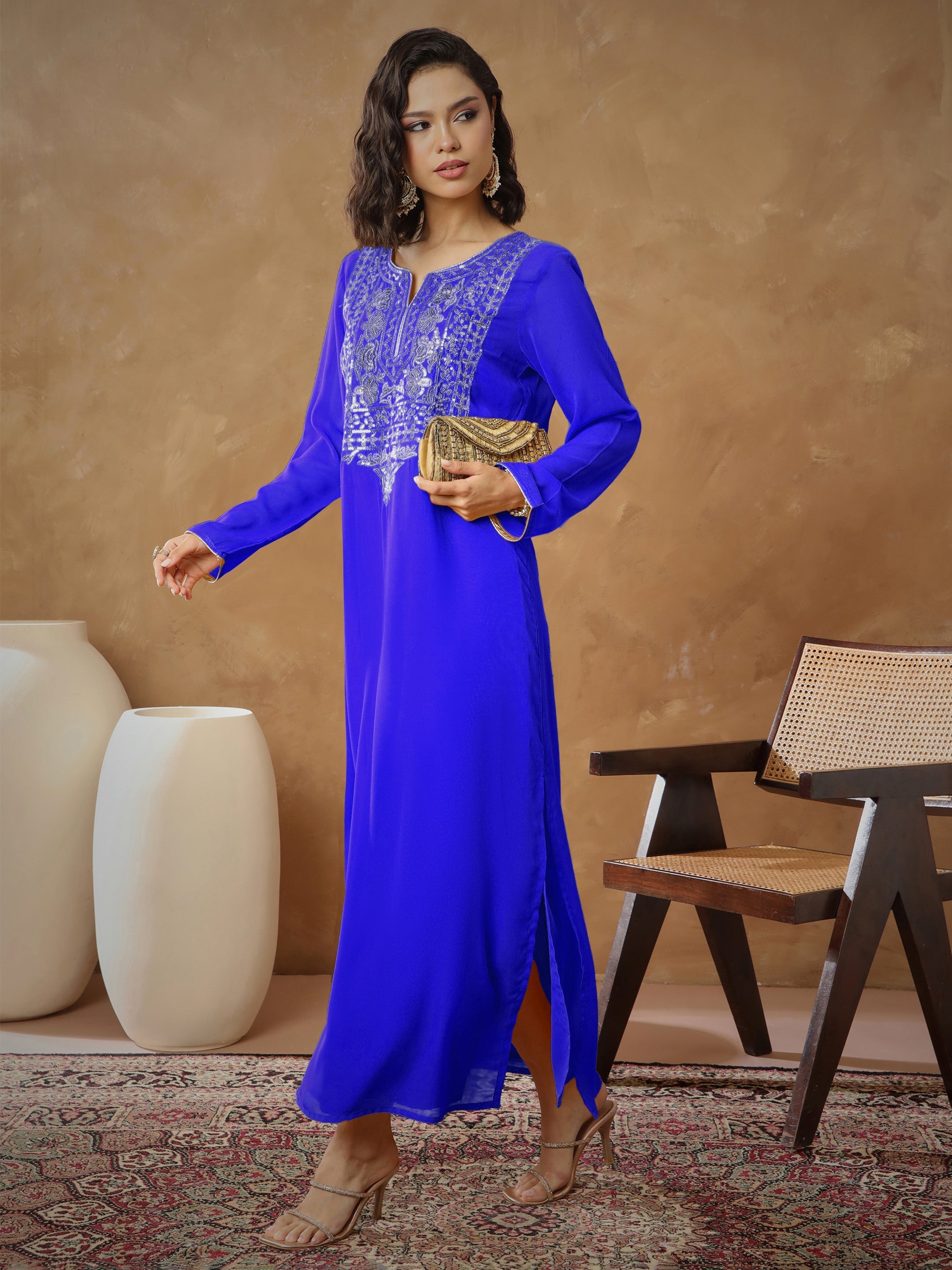 Women's Navy Embroidered Round Neck Abaya Dress