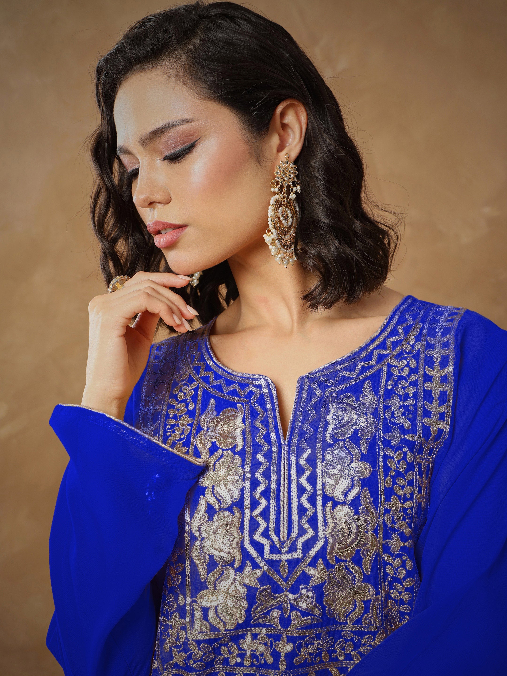 Women's Navy Embroidered Round Neck Abaya Dress