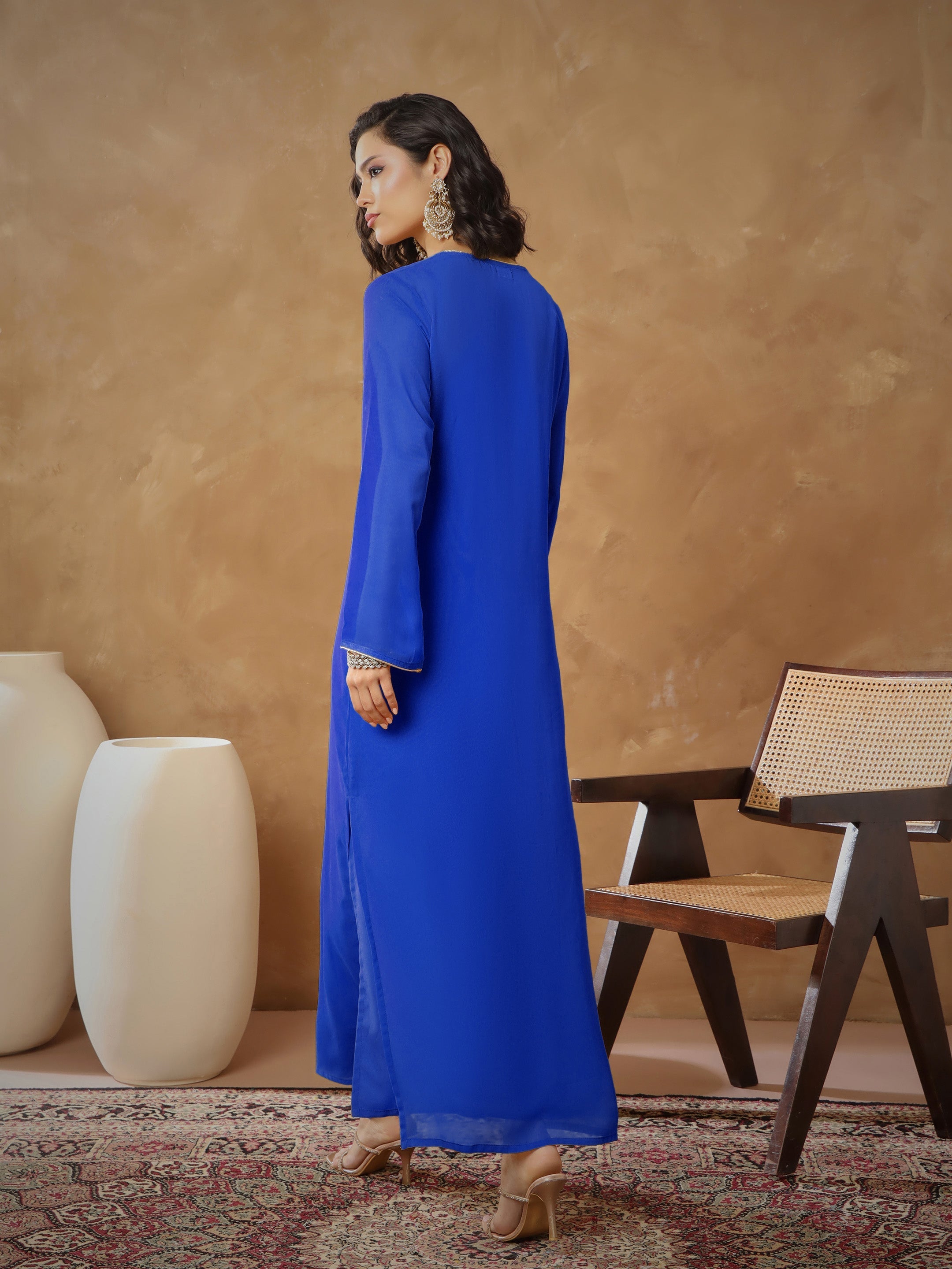 Women's Navy Embroidered Round Neck Abaya Dress