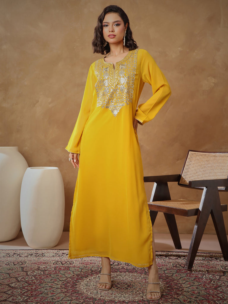 Women's Yellow Embroidered Round Neck Abaya Dress
