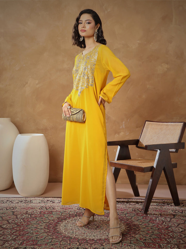 Women's Yellow Embroidered Round Neck Abaya Dress
