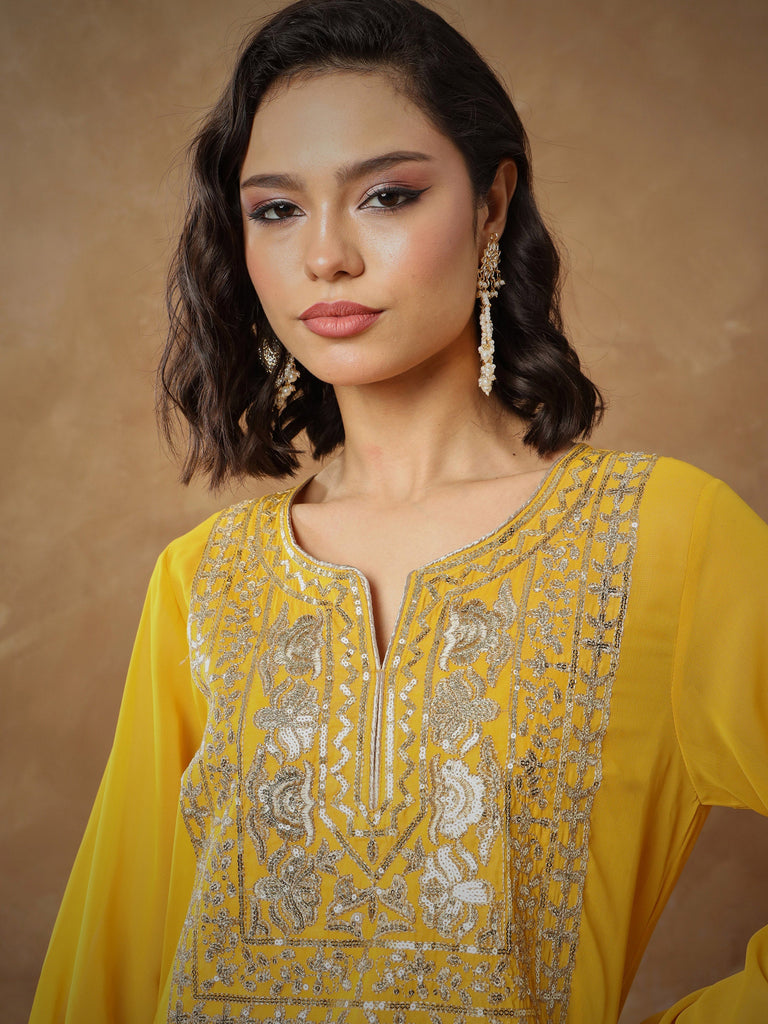 Women's Yellow Embroidered Round Neck Abaya Dress