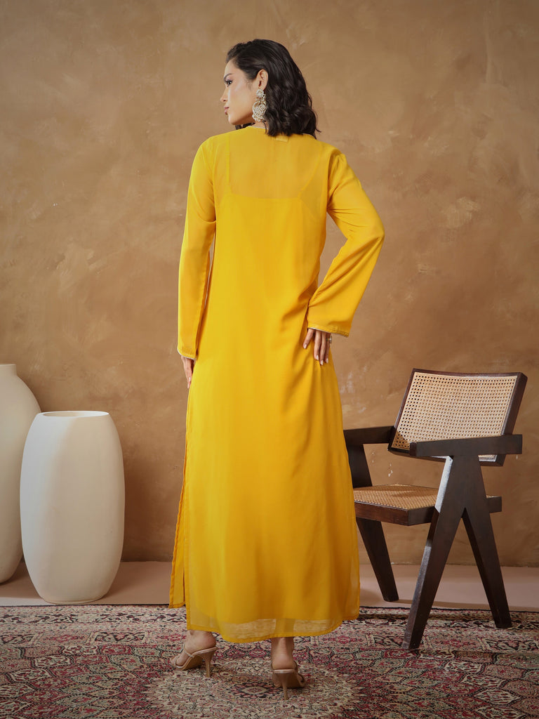 Women's Yellow Embroidered Round Neck Abaya Dress