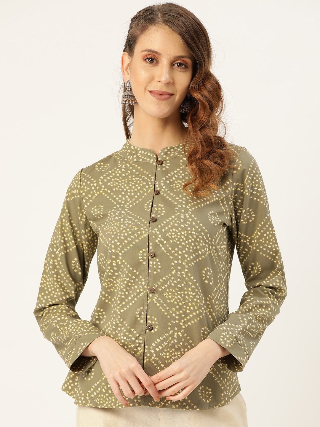 Women's Olive Bandhej Buttoned Ethnic Jacket