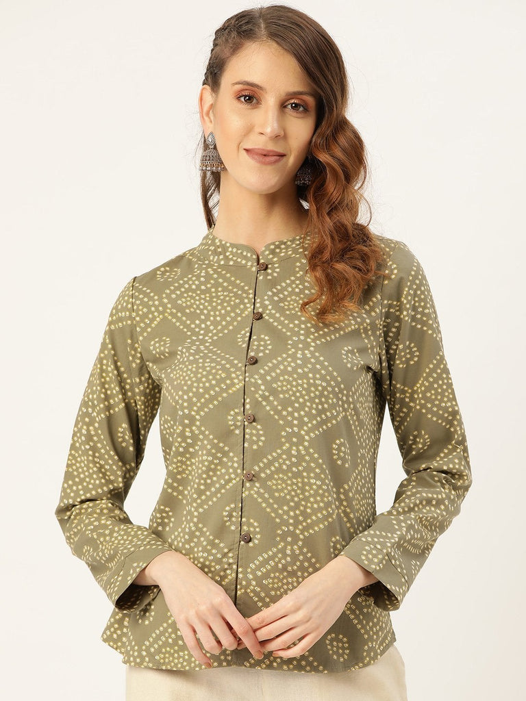 Women's Olive Bandhej Buttoned Ethnic Jacket
