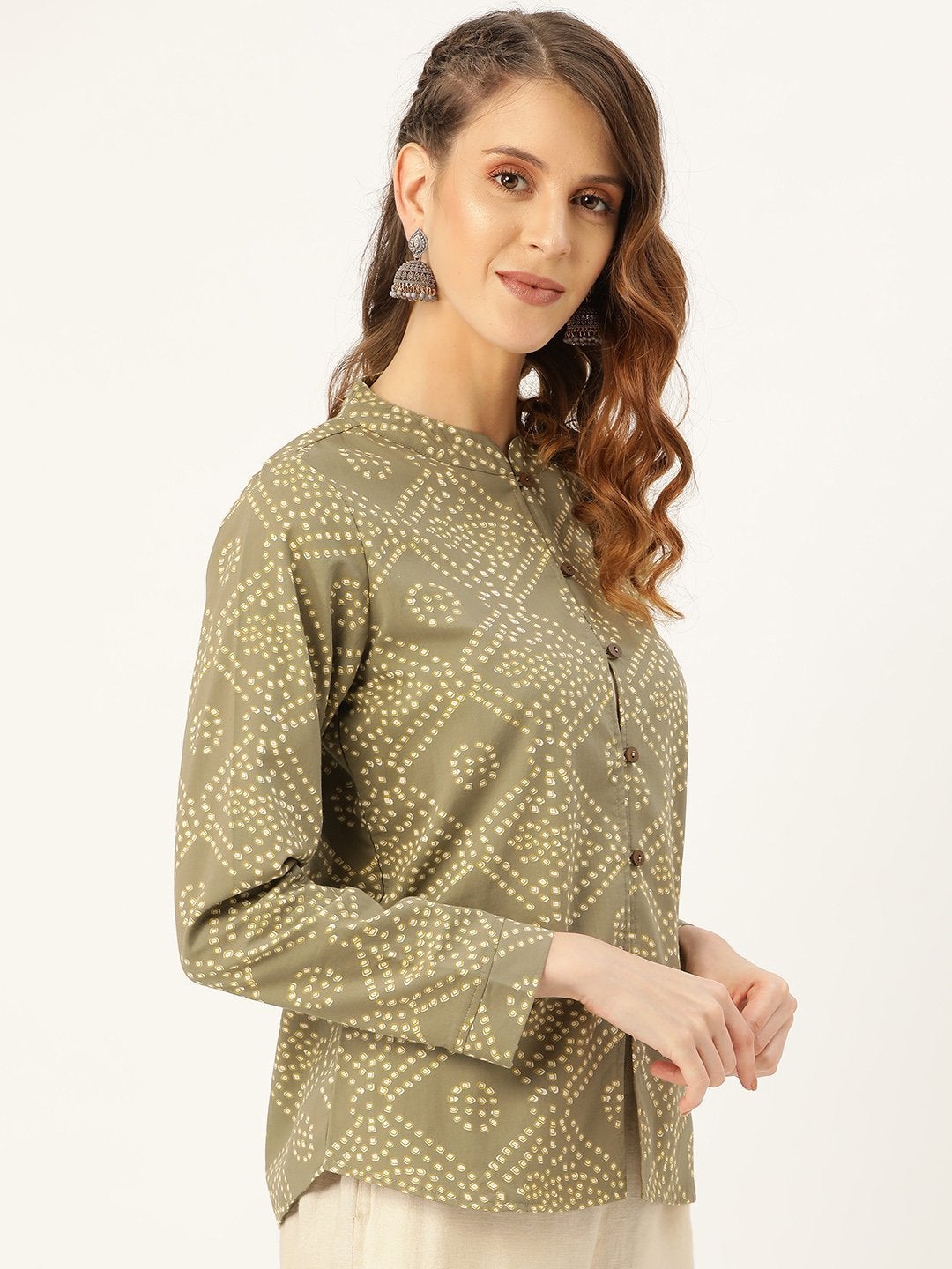 Women's Olive Bandhej Buttoned Ethnic Jacket