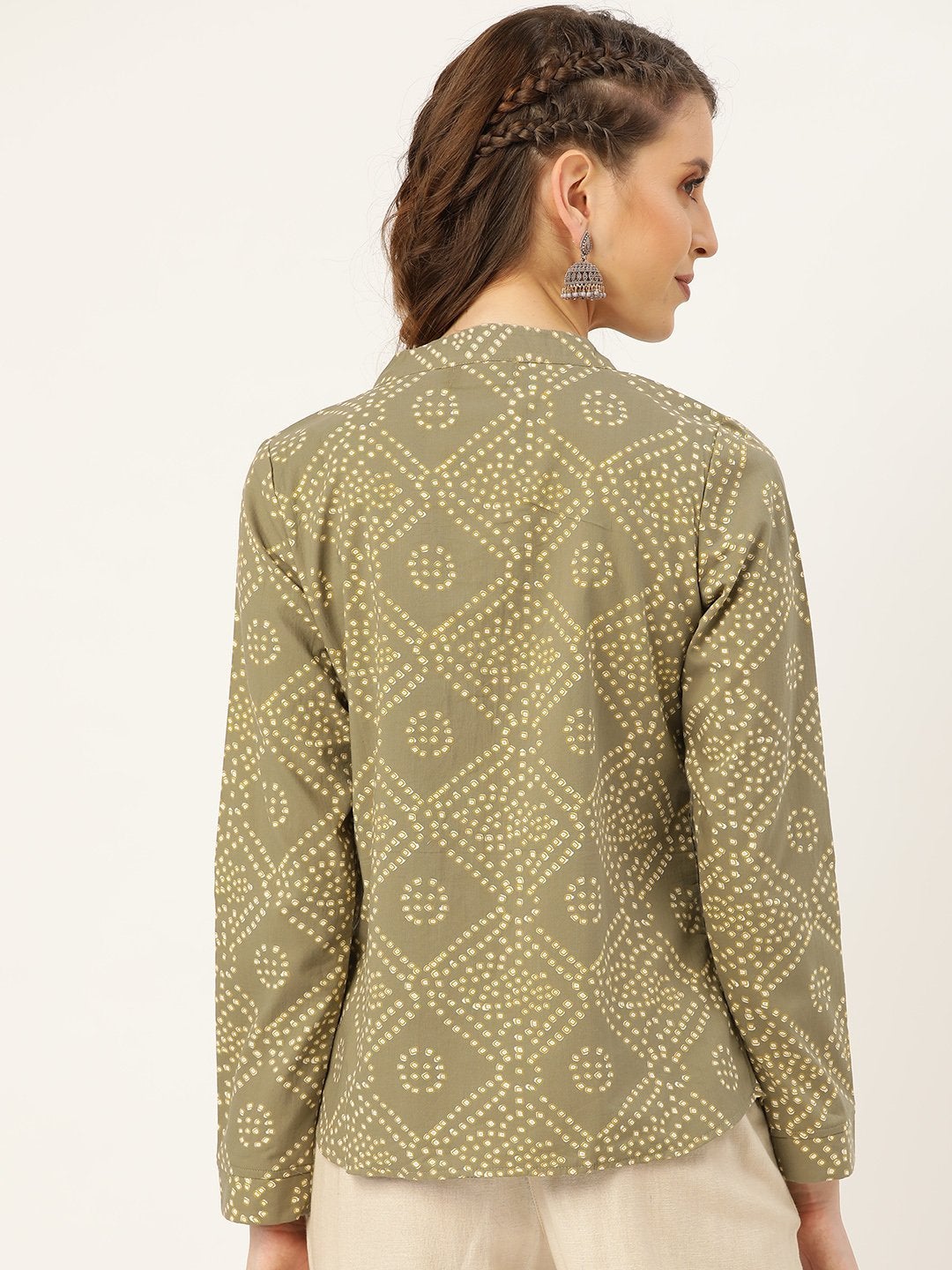 Women's Olive Bandhej Buttoned Ethnic Jacket