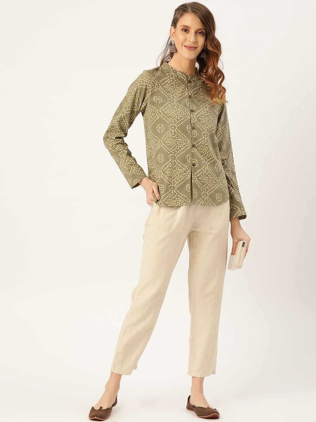 Women's Olive Bandhej Buttoned Ethnic Jacket