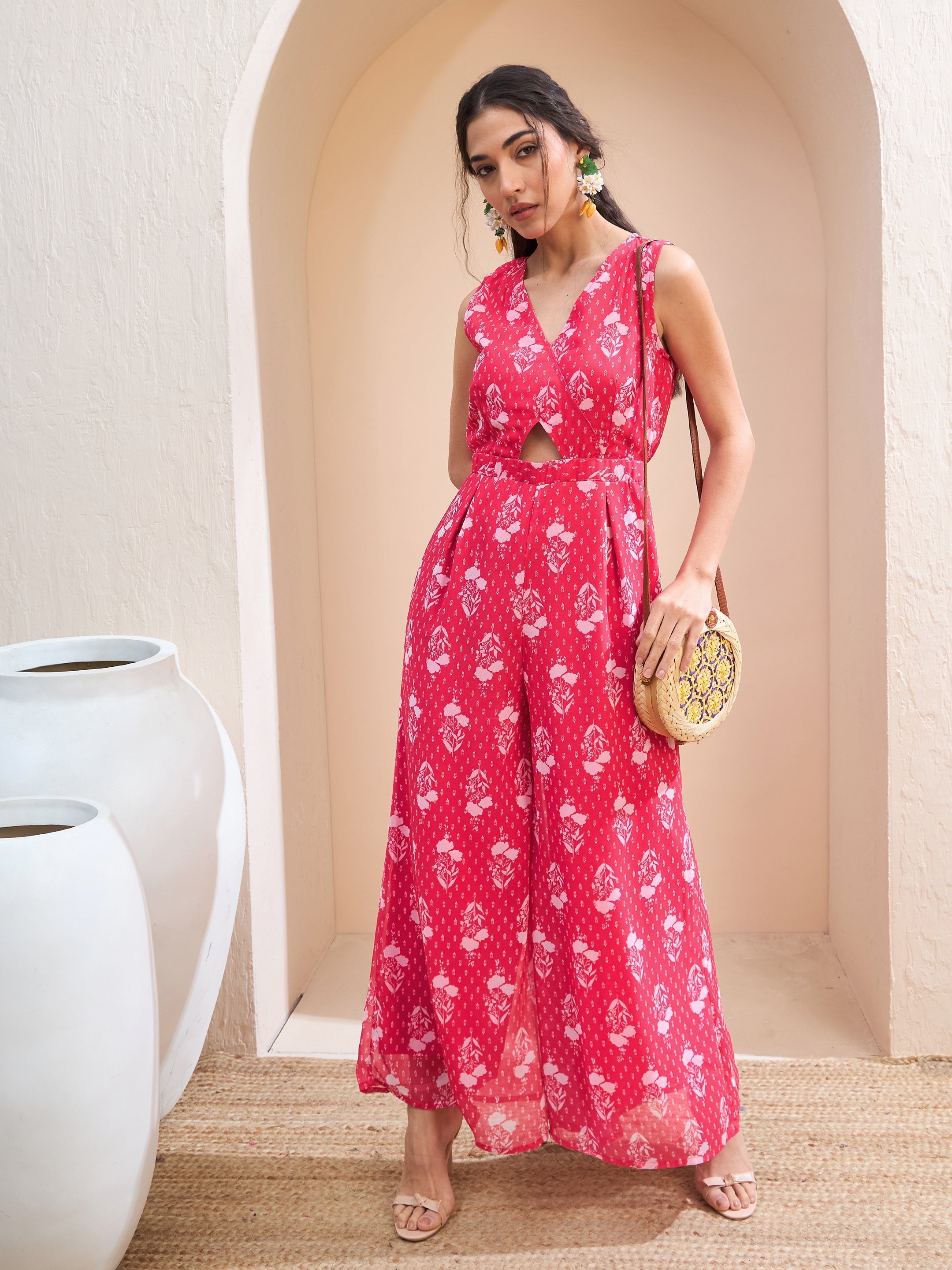 Women's Fuchsia Floral Wrap Sleeveless Jumpsuit-SHAE