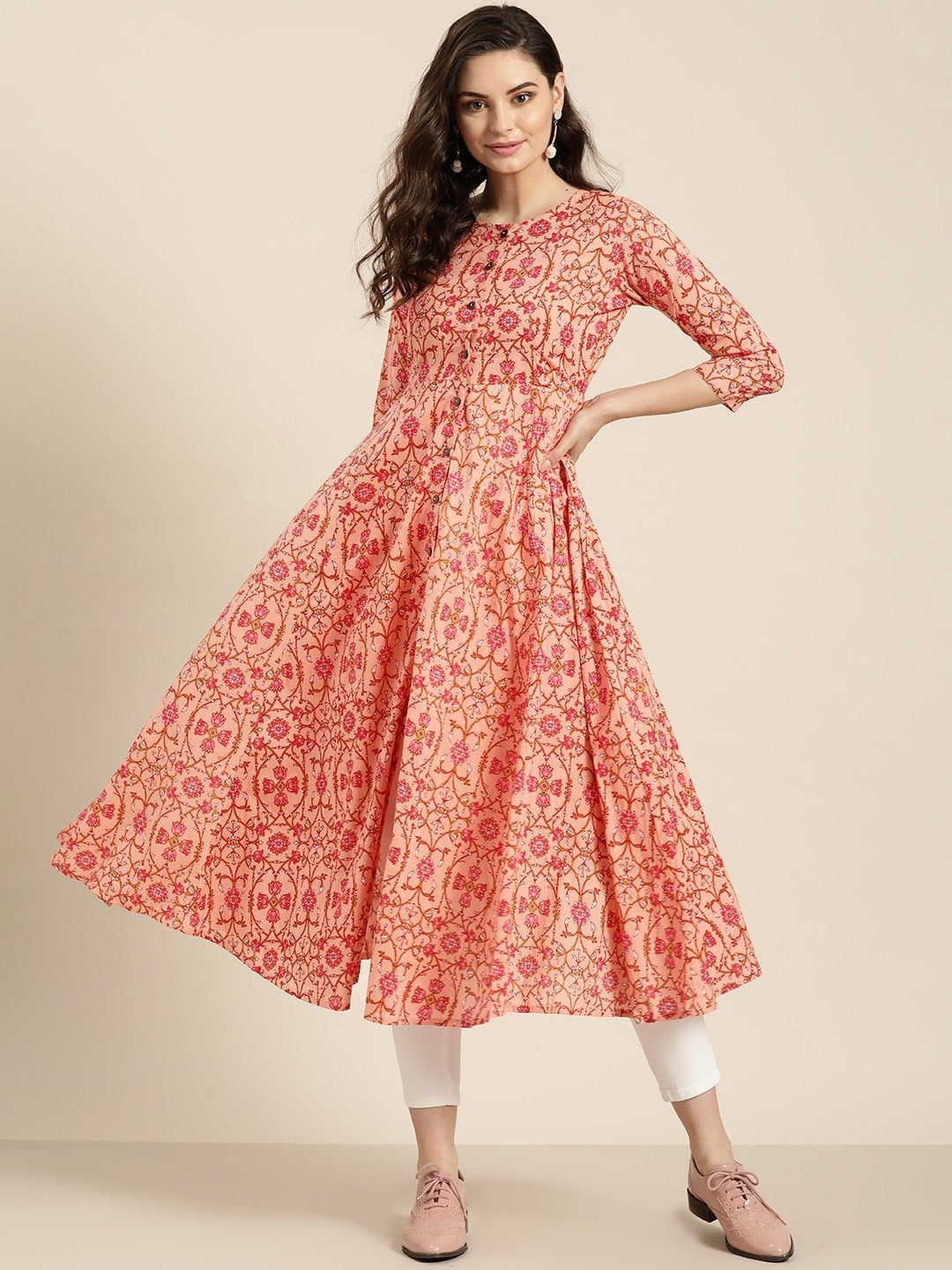 Women's Peach Floral Front Open Anarkali Kurta