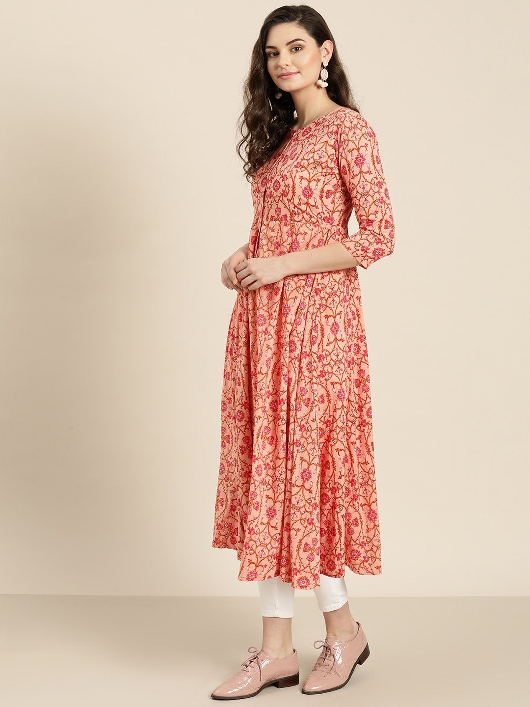 Women's Peach Floral Front Open Anarkali Kurta
