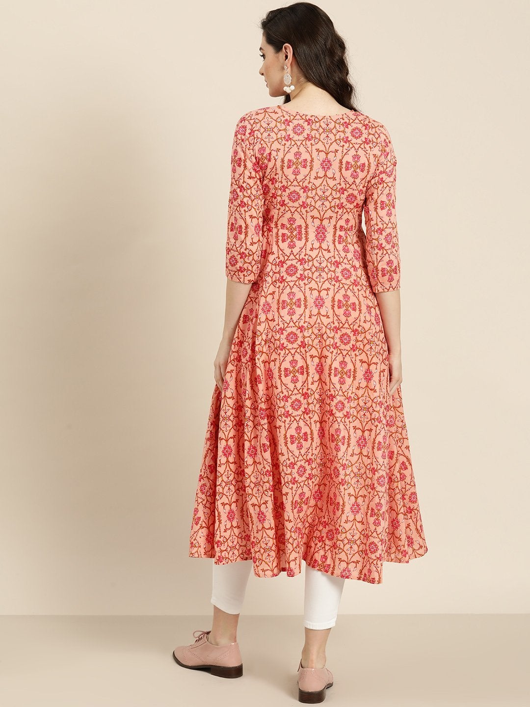 Women's Peach Floral Front Open Anarkali Kurta