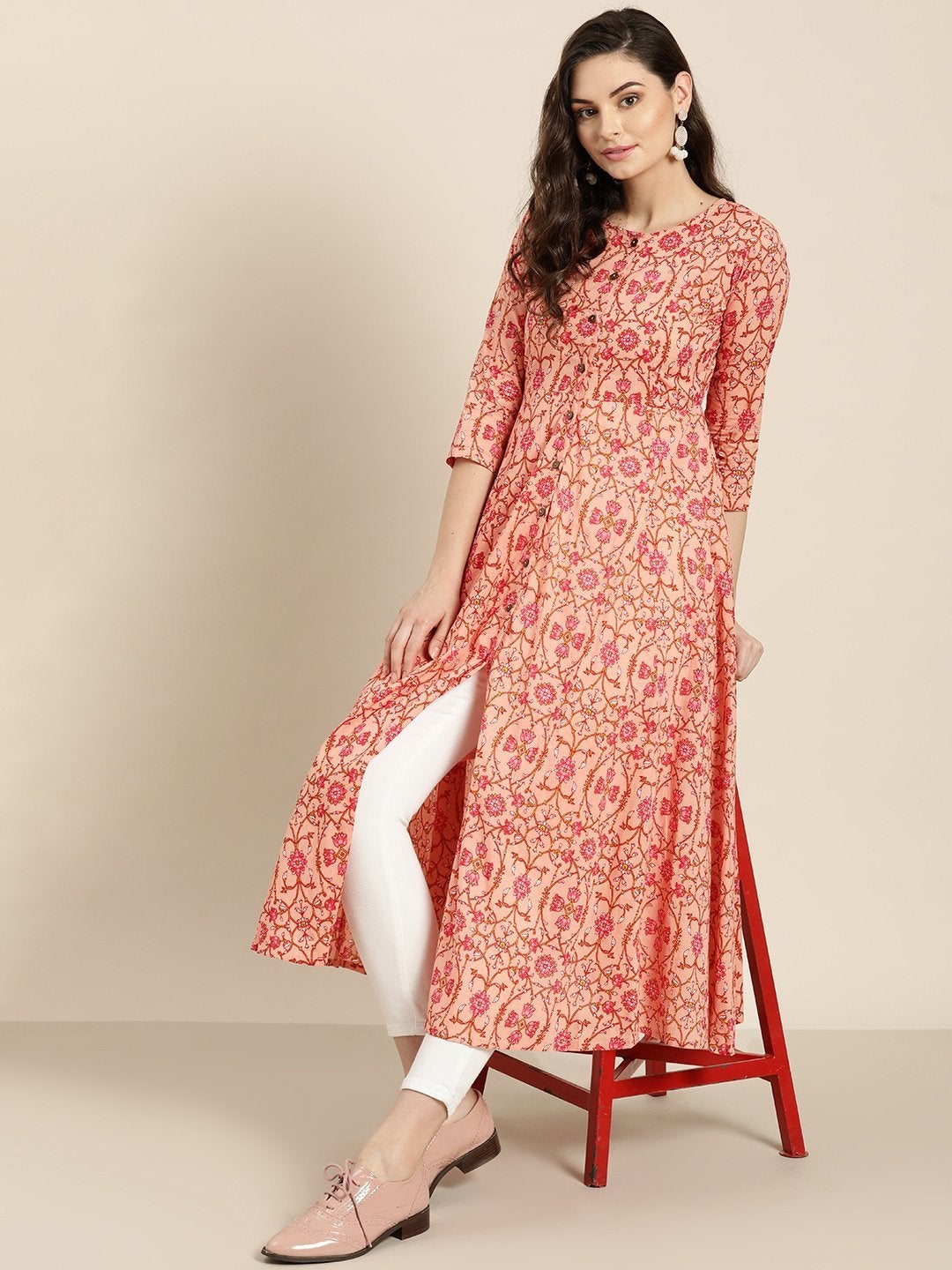 Women's Peach Floral Front Open Anarkali Kurta