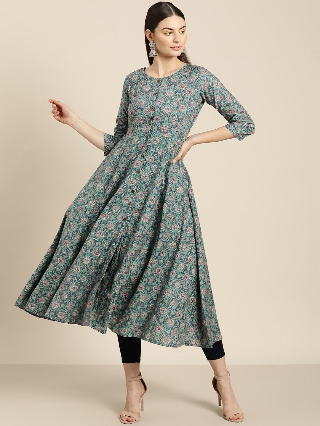Women's Sea Green Floral Front Open Anarkali Kurta