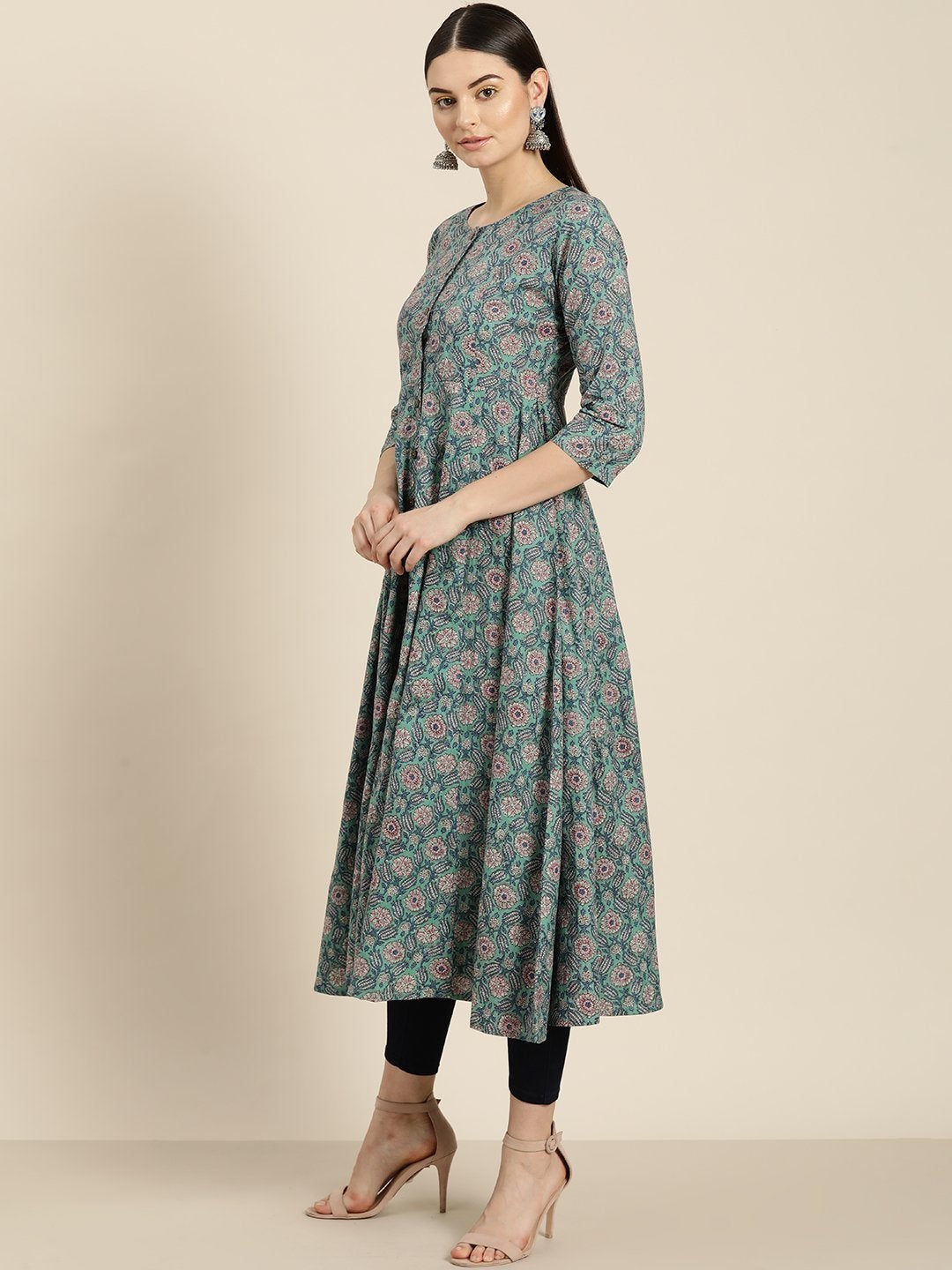 Women's Sea Green Floral Front Open Anarkali Kurta