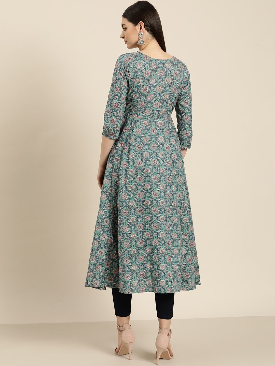 Women's Sea Green Floral Front Open Anarkali Kurta