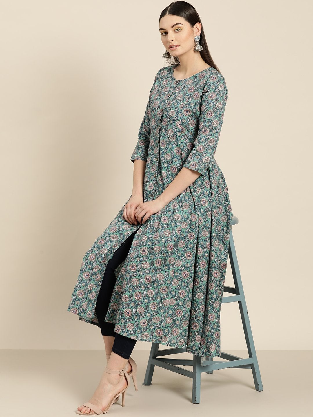 Women's Sea Green Floral Front Open Anarkali Kurta