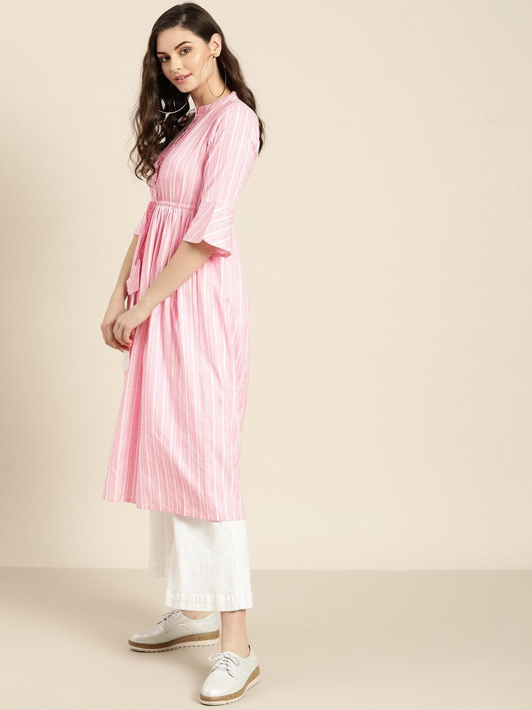 Women's Pink Stripes Drawstring Kurta - SHAE