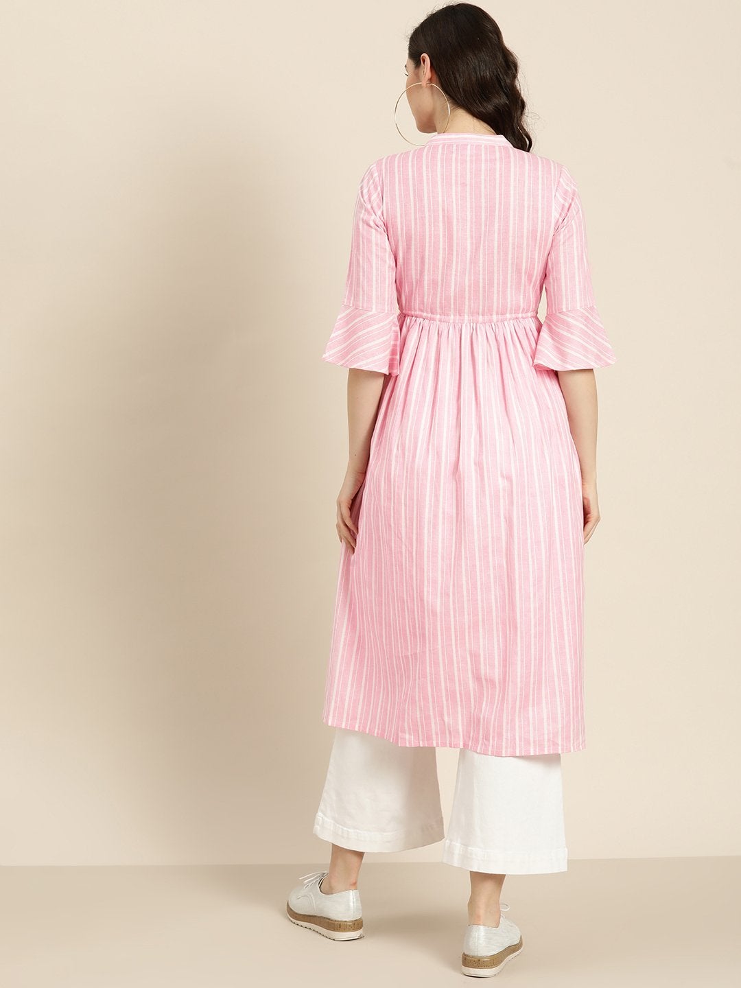 Women's Pink Stripes Drawstring Kurta - SHAE