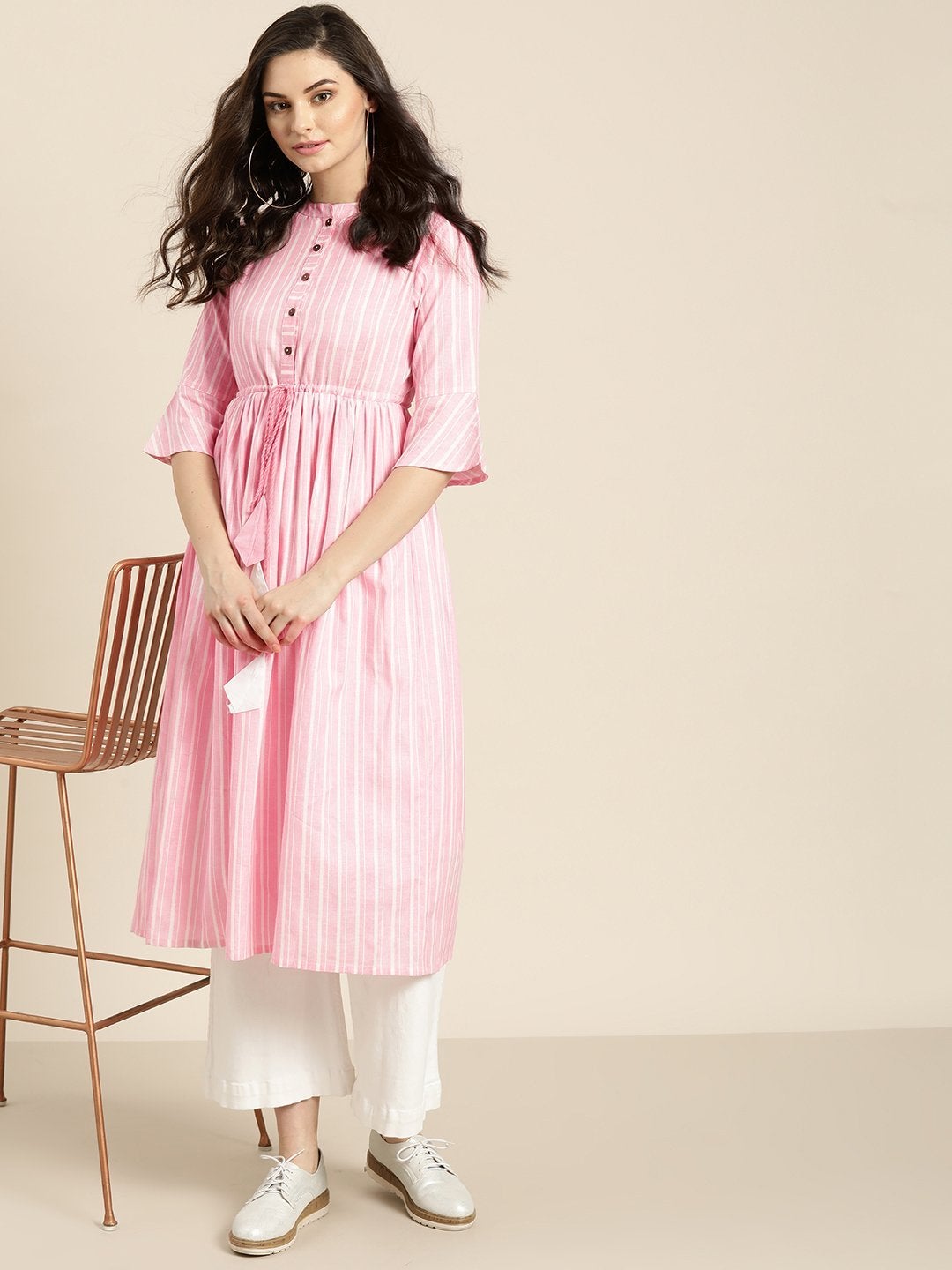 Women's Pink Stripes Drawstring Kurta - SHAE