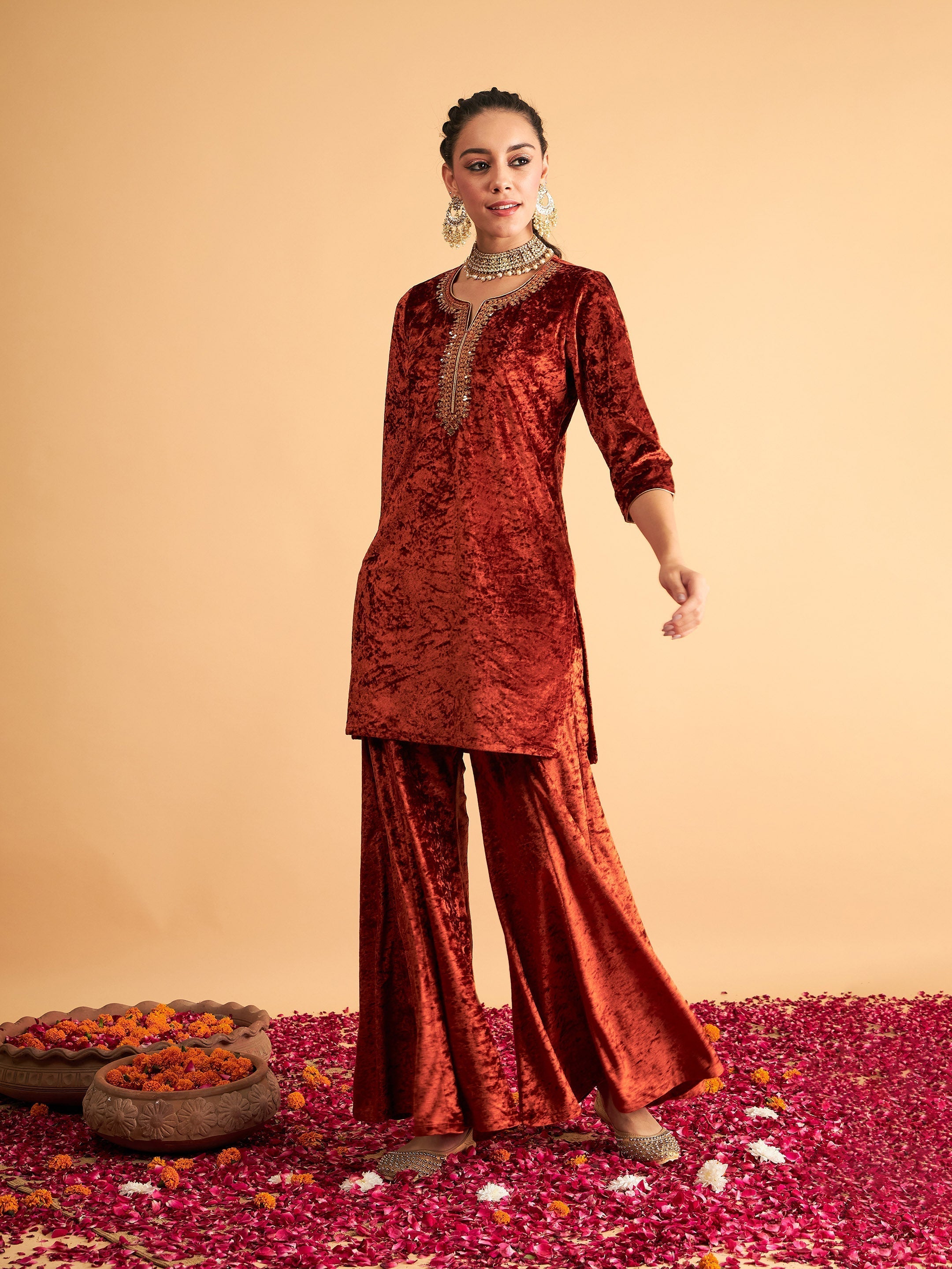 Women's Rust Velvet Sequence Embroidered Short Kurta