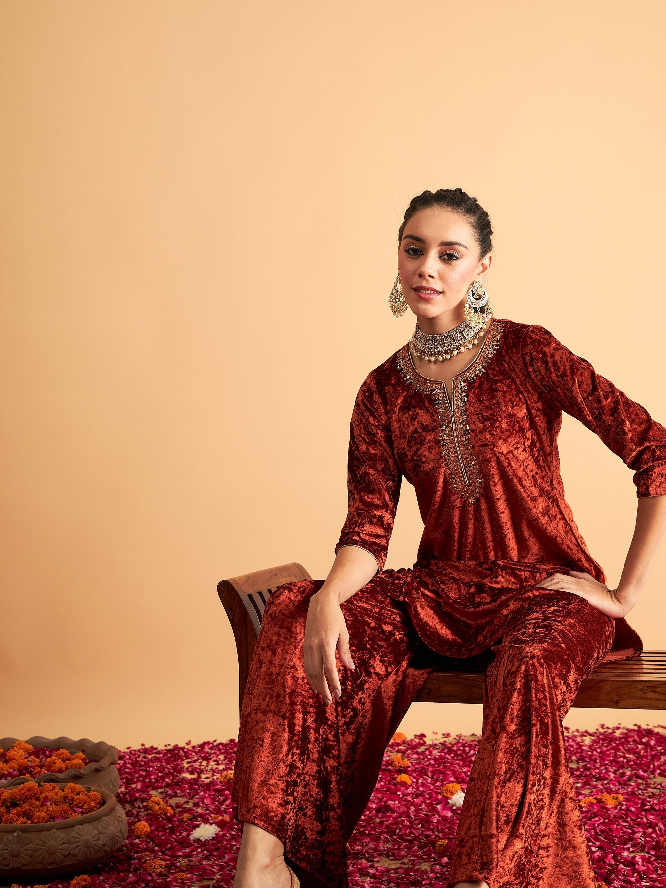 Women's Rust Velvet Sequence Embroidered Short Kurta
