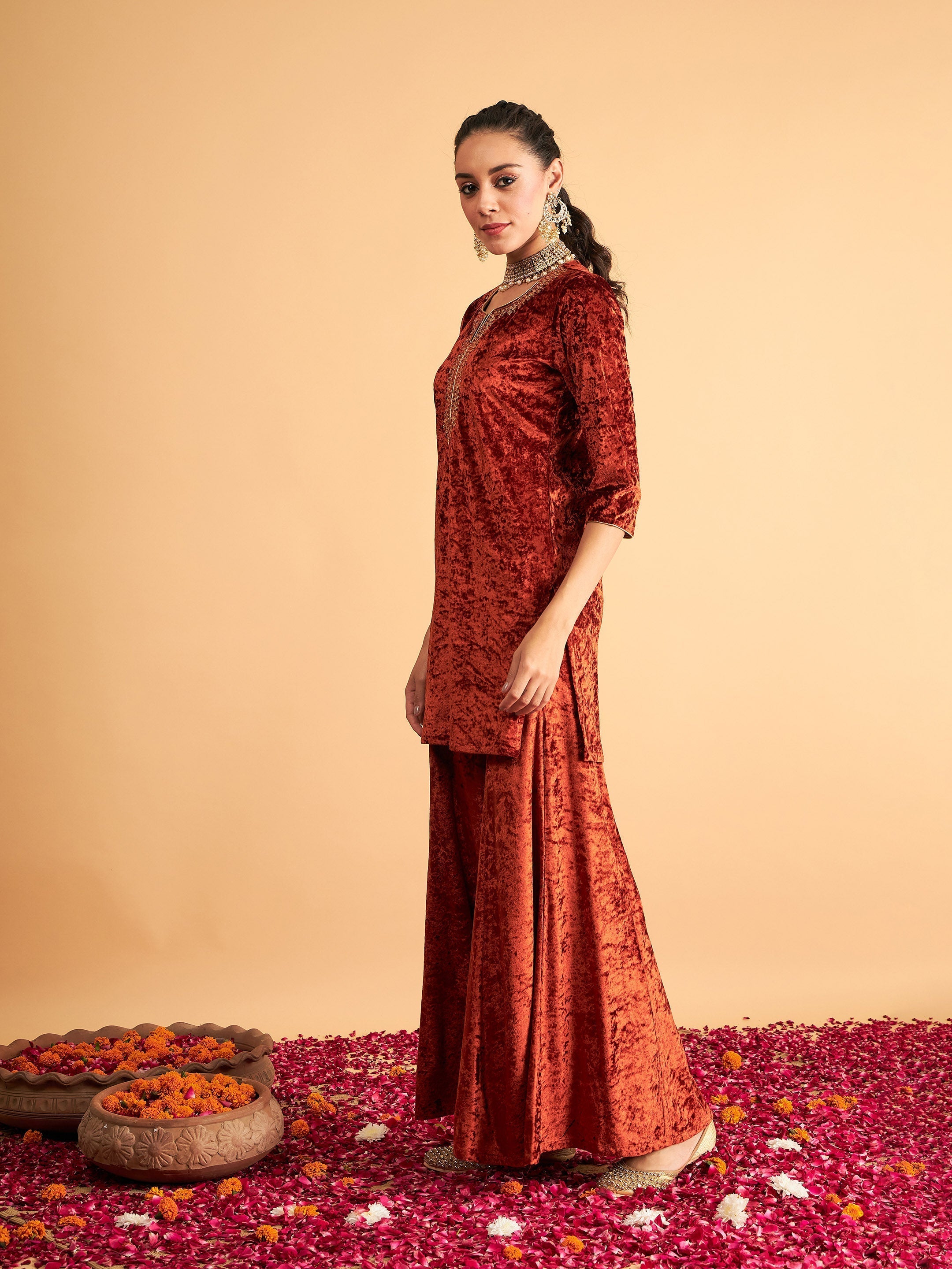 Women's Rust Velvet Sequence Embroidered Short Kurta